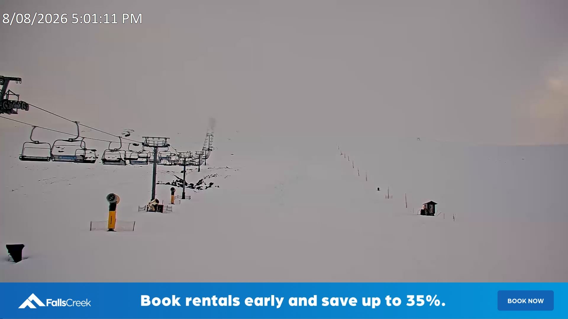 Falls Creek Ruined Castle snow cam captured at 8 August 2026 at 5:16 pm AEST