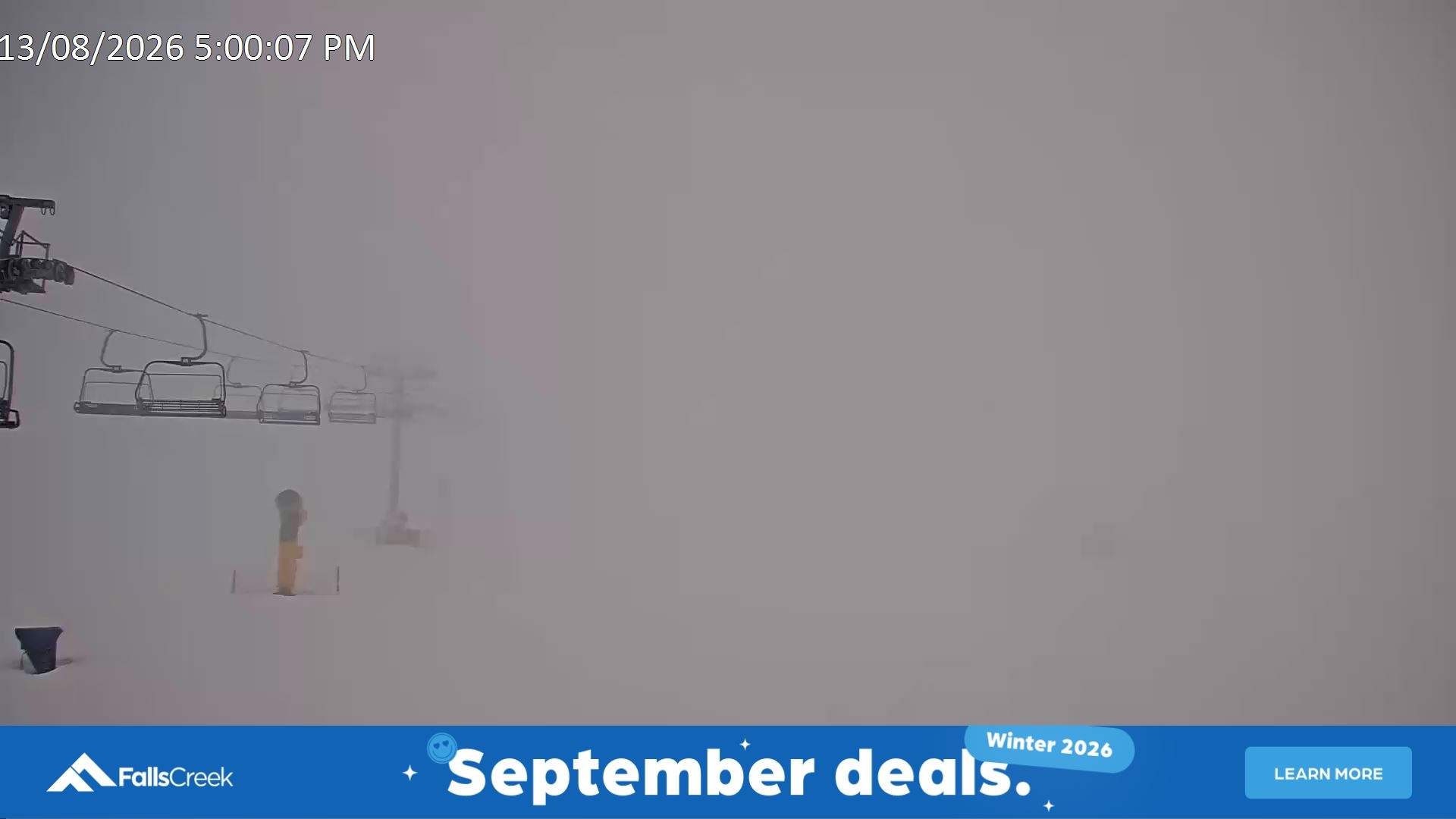 Falls Creek Ruined Castle snow cam captured at 13 August 2026 at 5:18 pm AEST