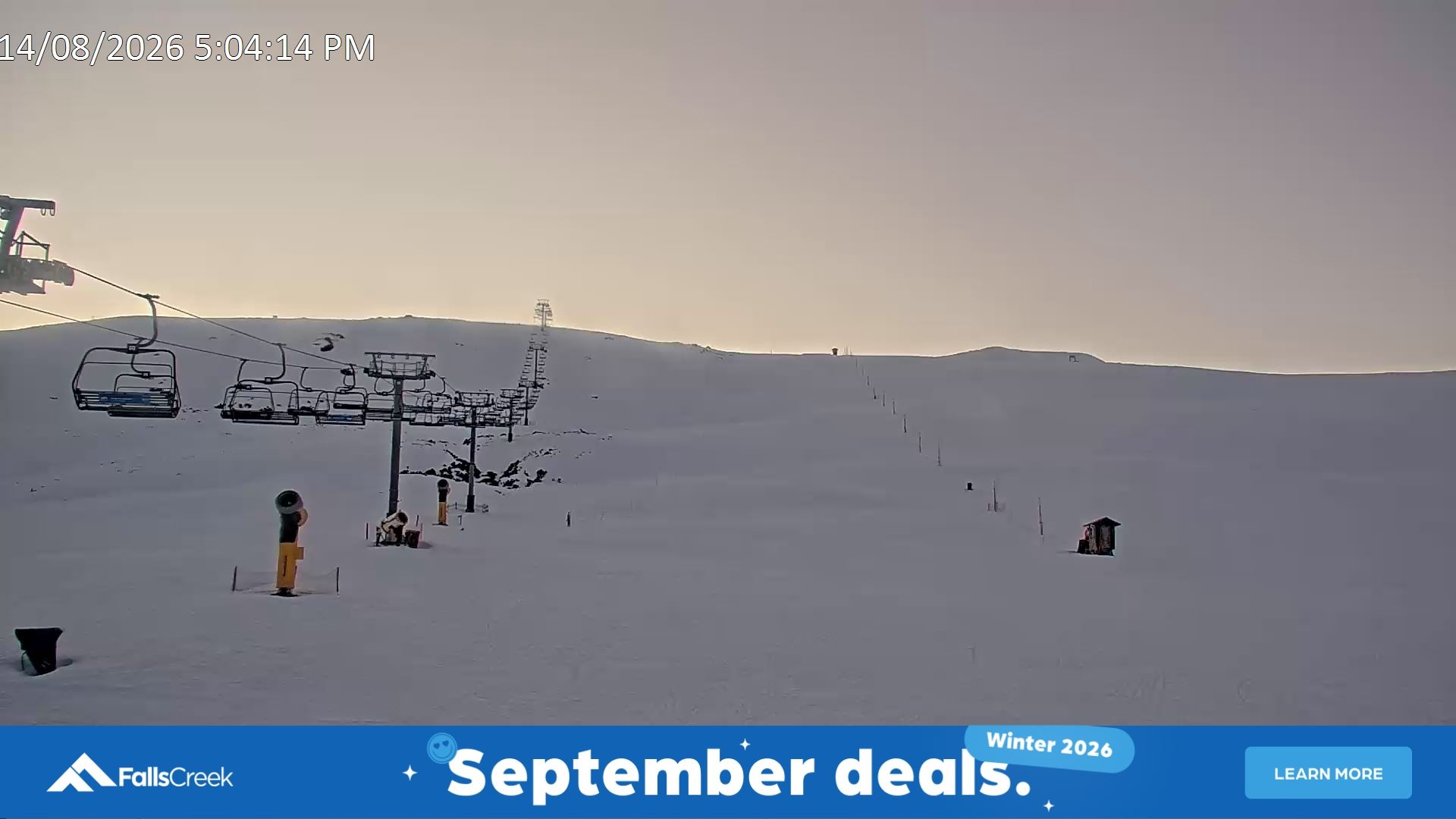 Falls Creek Ruined Castle snow cam captured at 14 August 2026 at 5:19 pm AEST