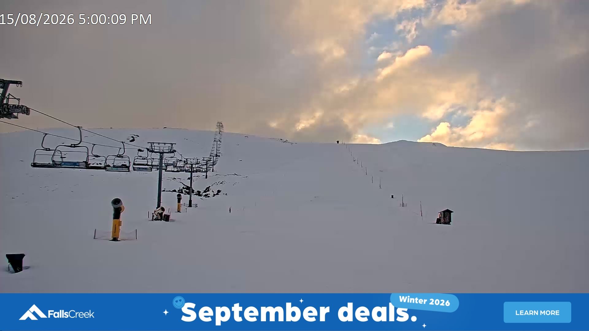 Falls Creek Ruined Castle snow cam captured at 15 August 2026 at 5:20 pm AEST