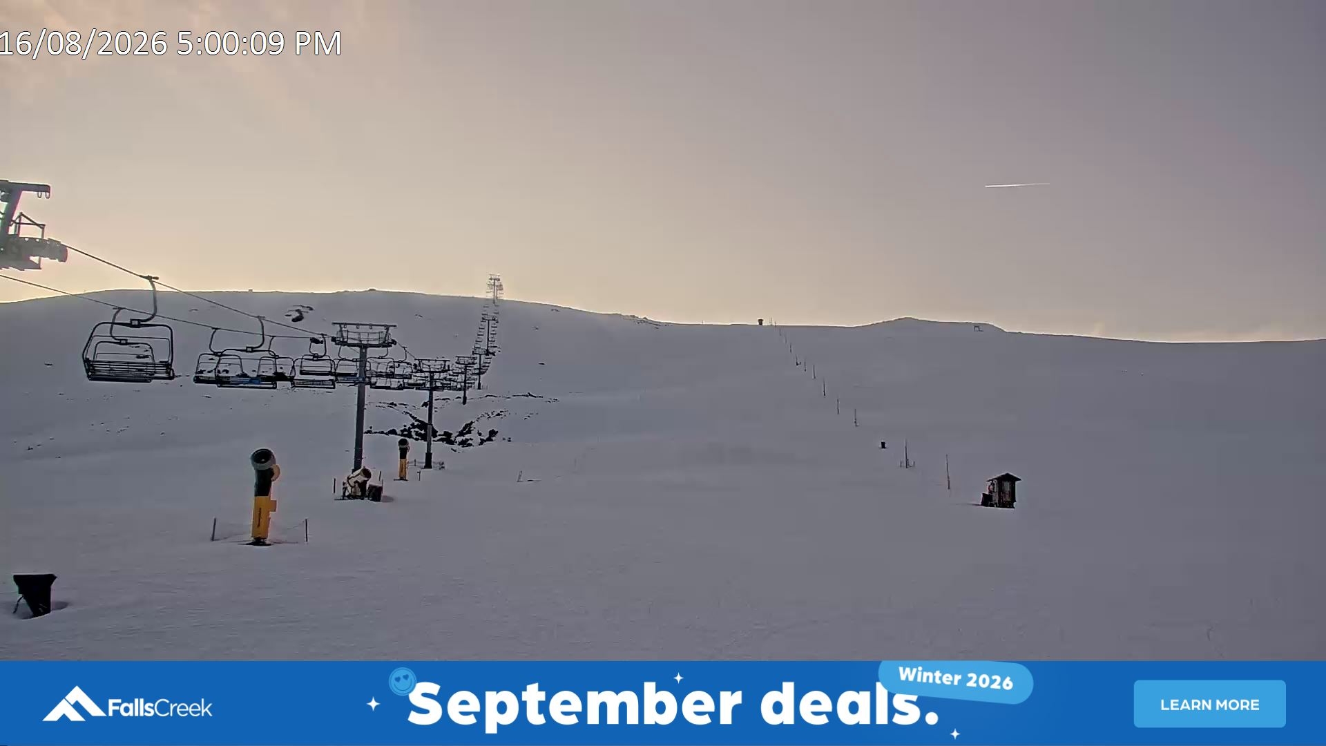 Falls Creek Ruined Castle snow cam captured at 16 August 2026 at 5:21 pm AEST