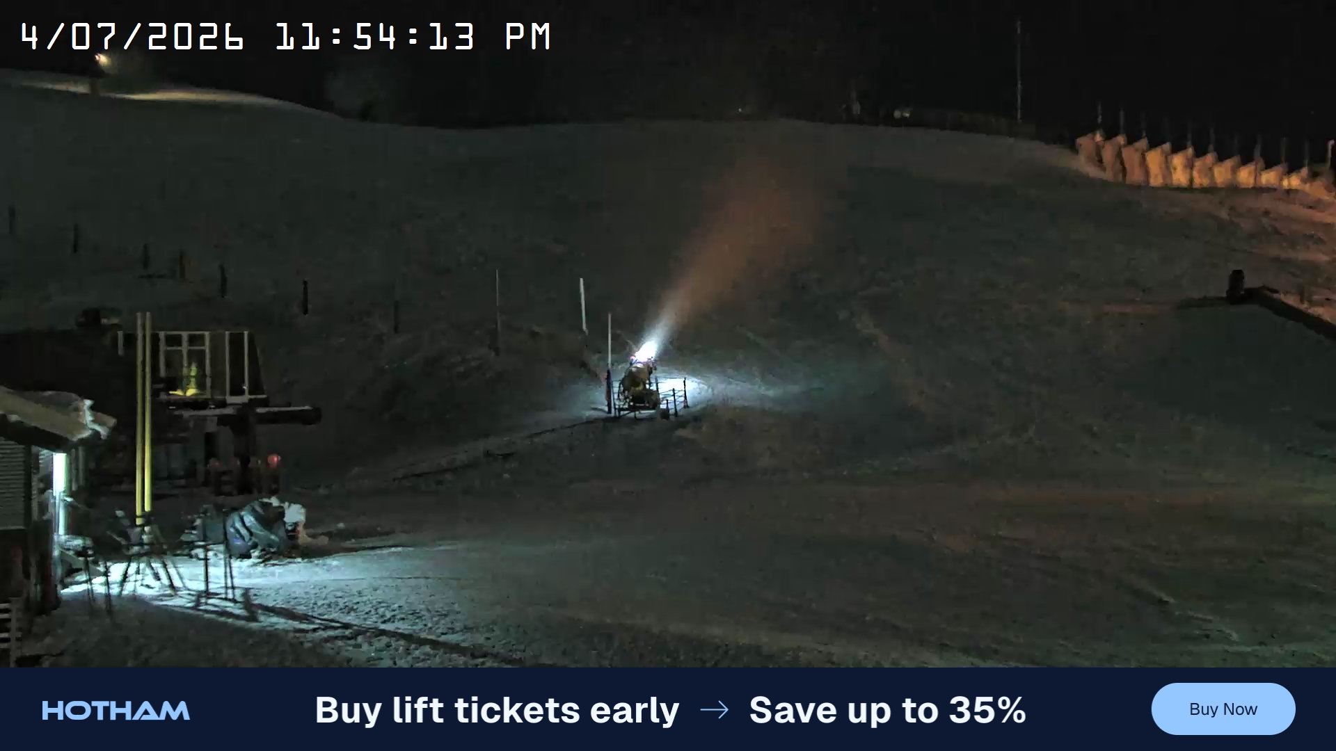 Mt Hotham Summit Trainer snow cam captured at 4 July 2026 at 11:54 pm AEST