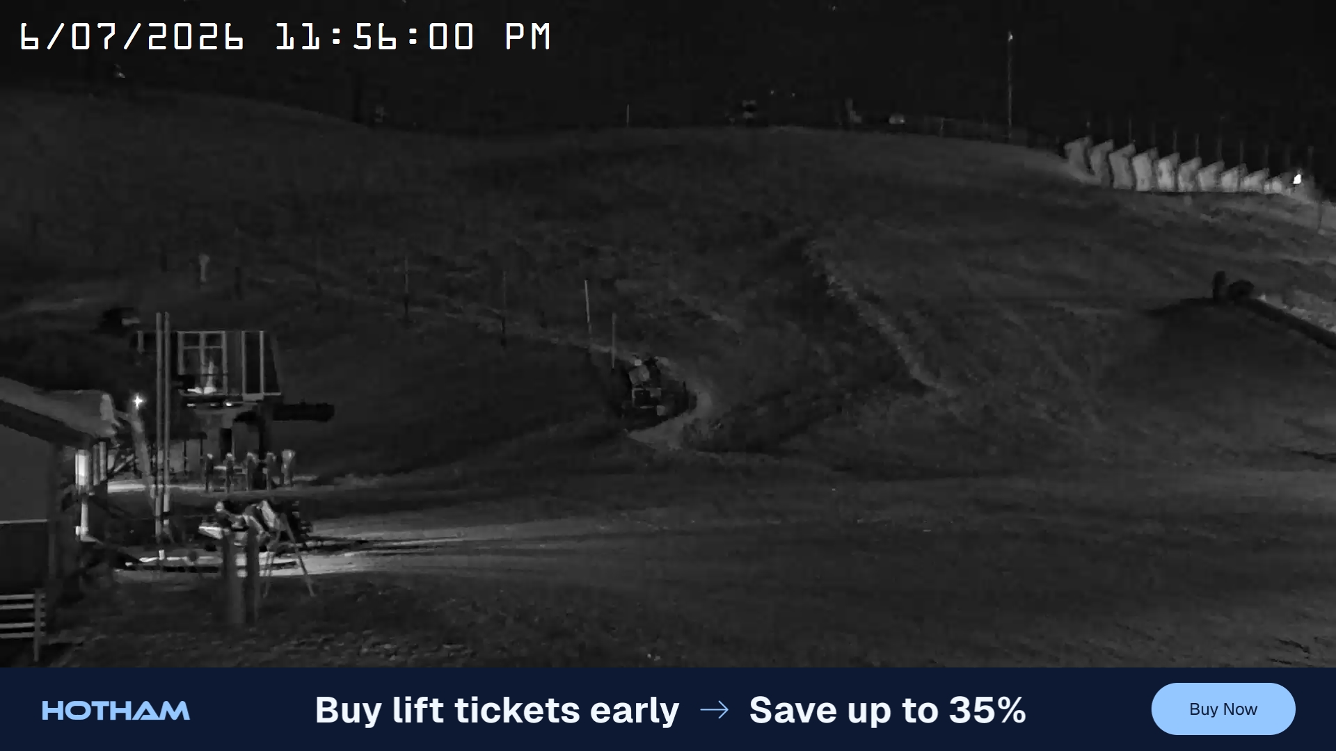 Mt Hotham Summit Trainer snow cam captured at 6 July 2026 at 11:56 pm AEST