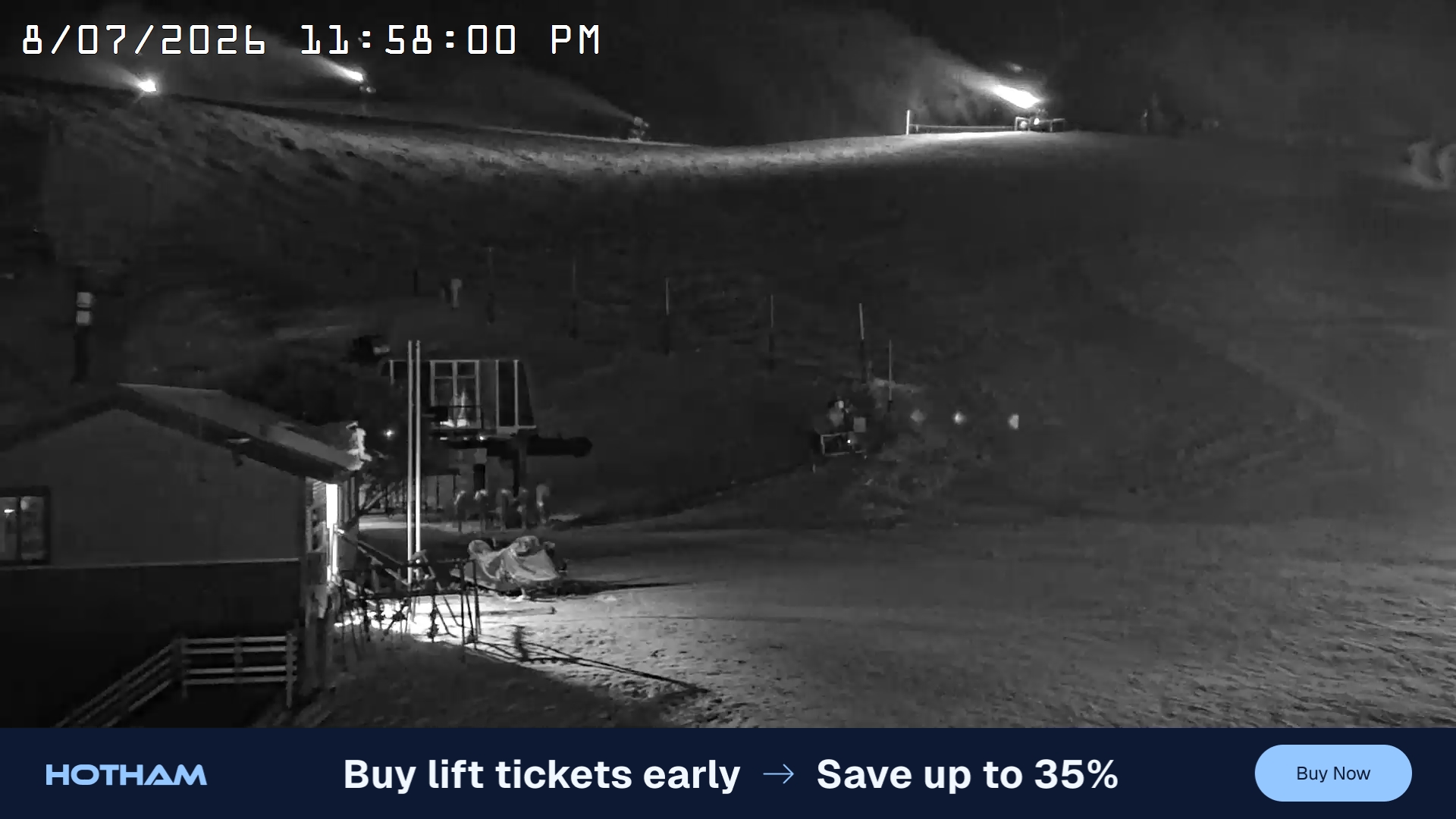 Mt Hotham Summit Trainer snow cam captured at 8 July 2026 at 11:58 pm AEST