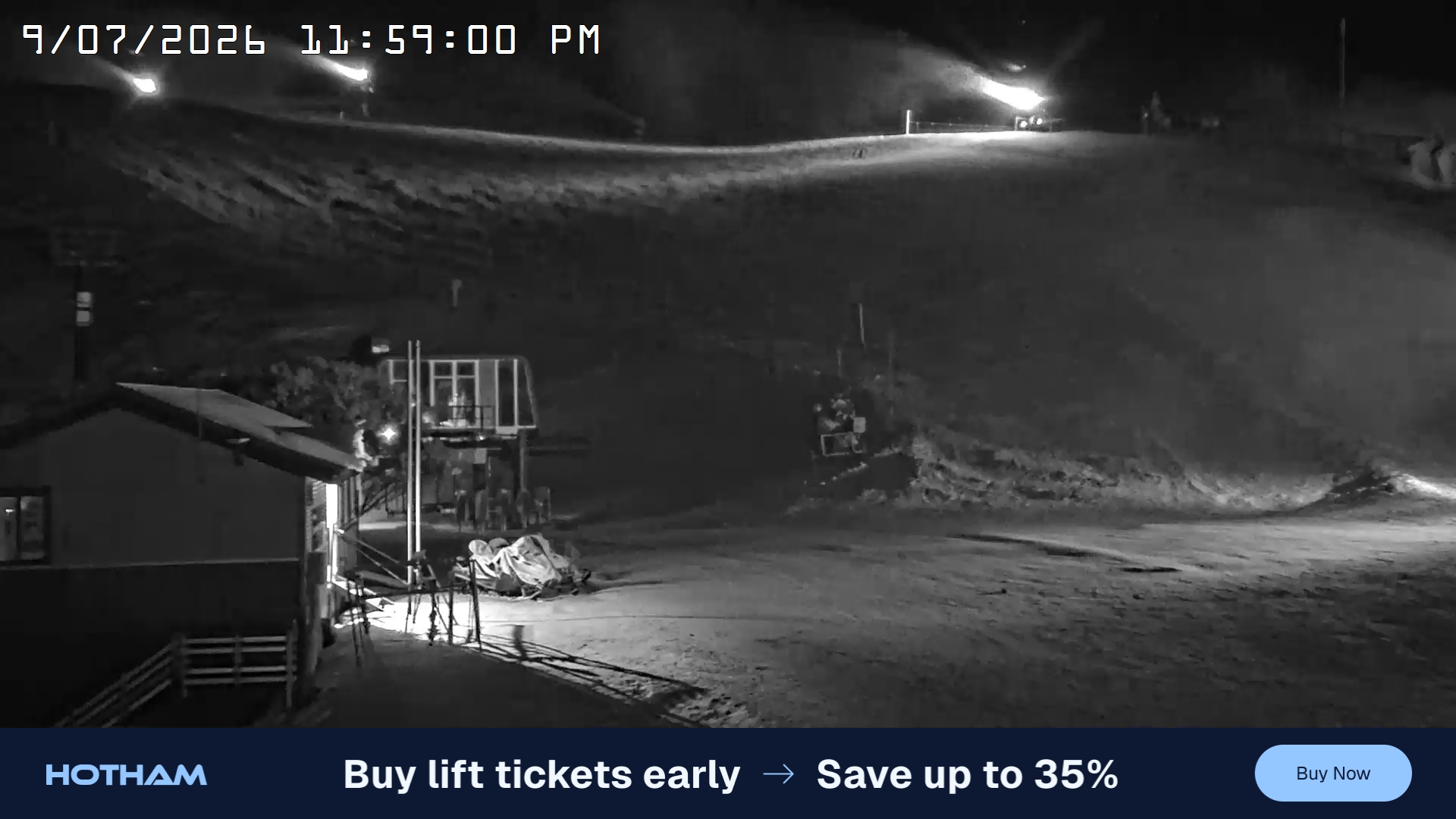 Mt Hotham Summit Trainer snow cam captured at 9 July 2026 at 11:59 pm AEST
