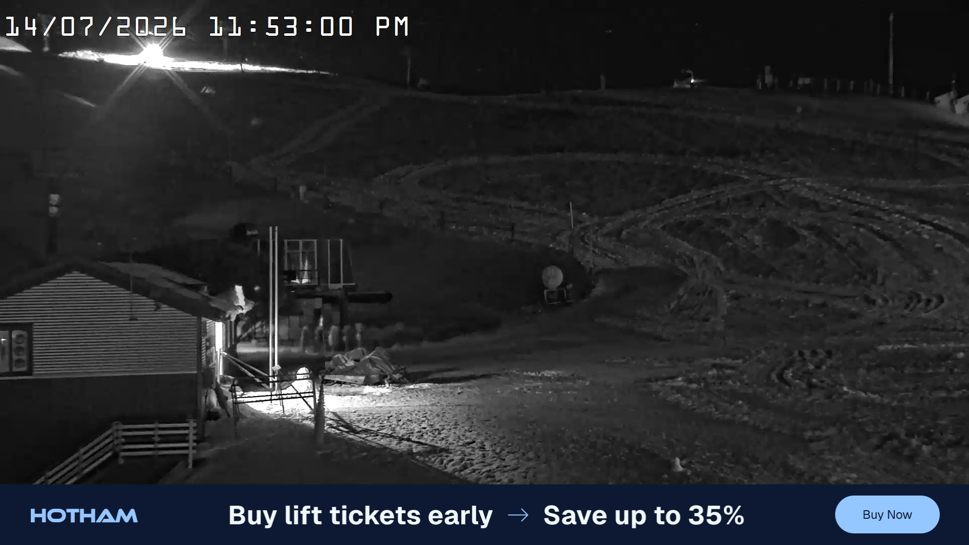 Mt Hotham Summit Trainer snow cam captured at 14 July 2026 at 11:53 pm AEST