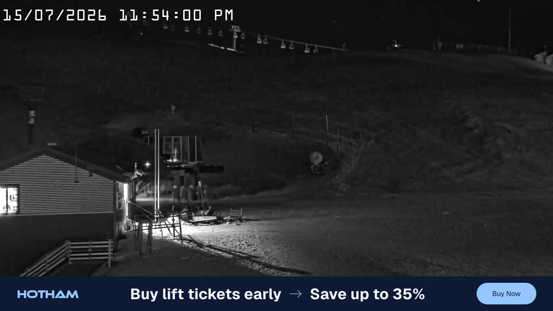 Mt Hotham Summit Trainer snow cam captured at 15 July 2026 at 11:54 pm AEST