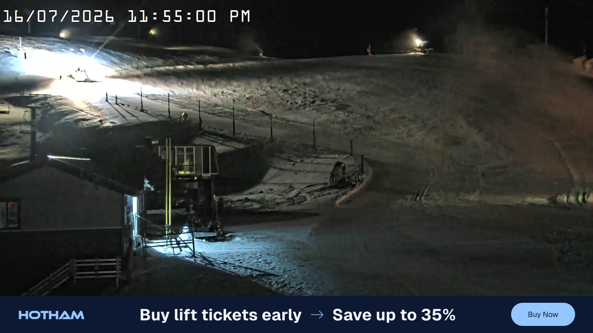 Mt Hotham Summit Trainer snow cam captured at 16 July 2026 at 11:55 pm AEST