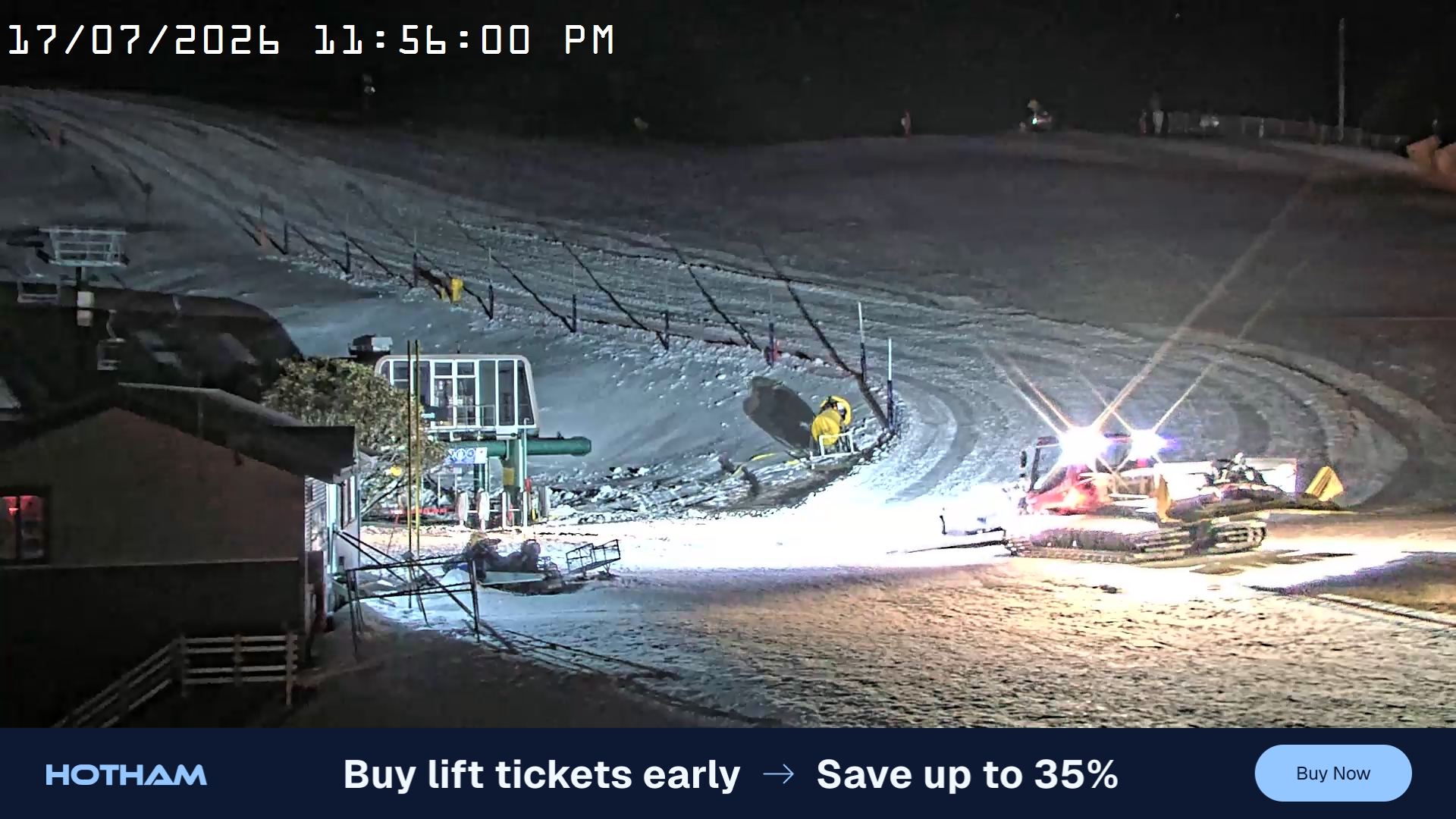 Mt Hotham Summit Trainer snow cam captured at 17 July 2026 at 11:56 pm AEST