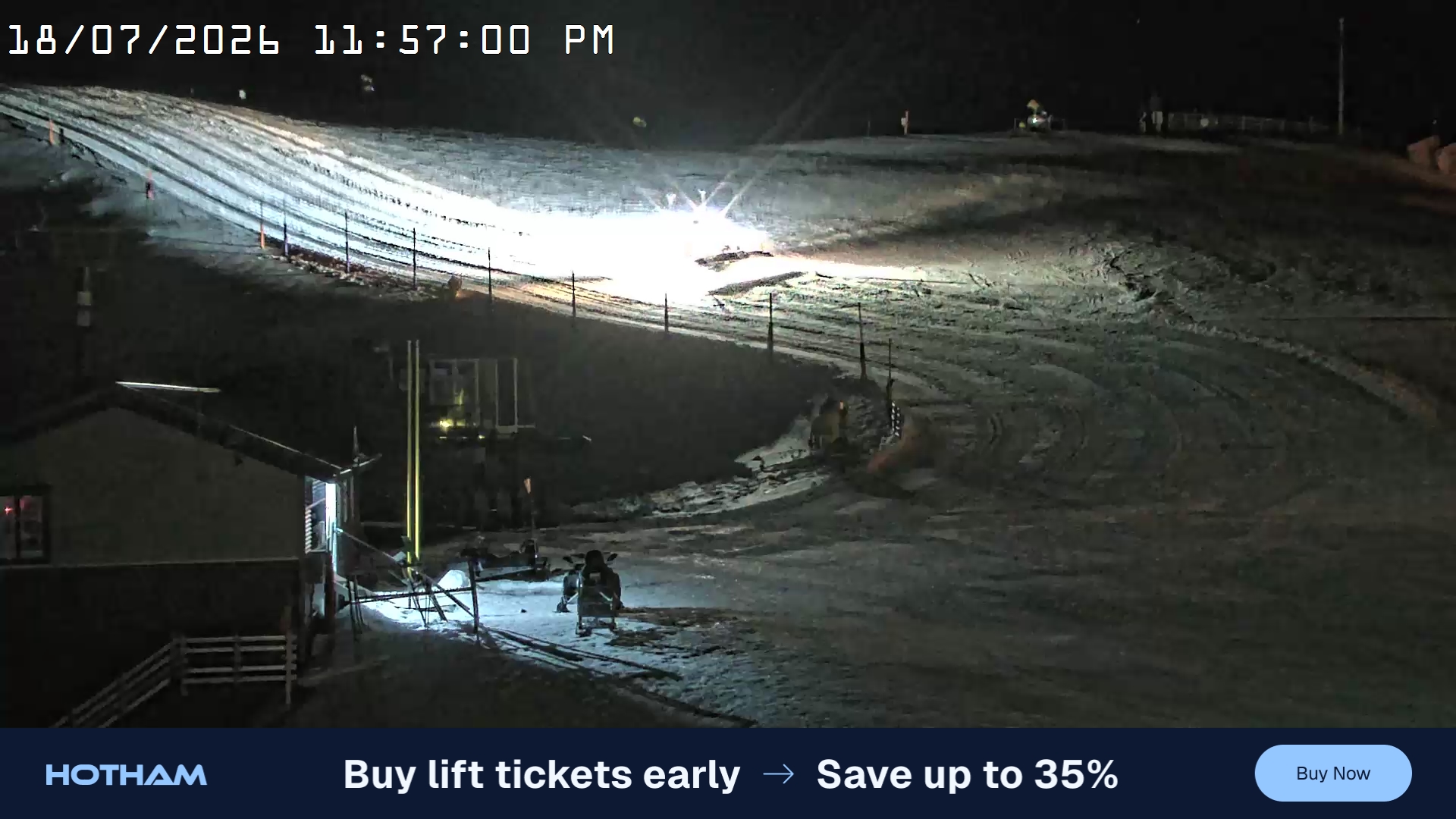 Mt Hotham Summit Trainer snow cam captured at 18 July 2026 at 11:57 pm AEST