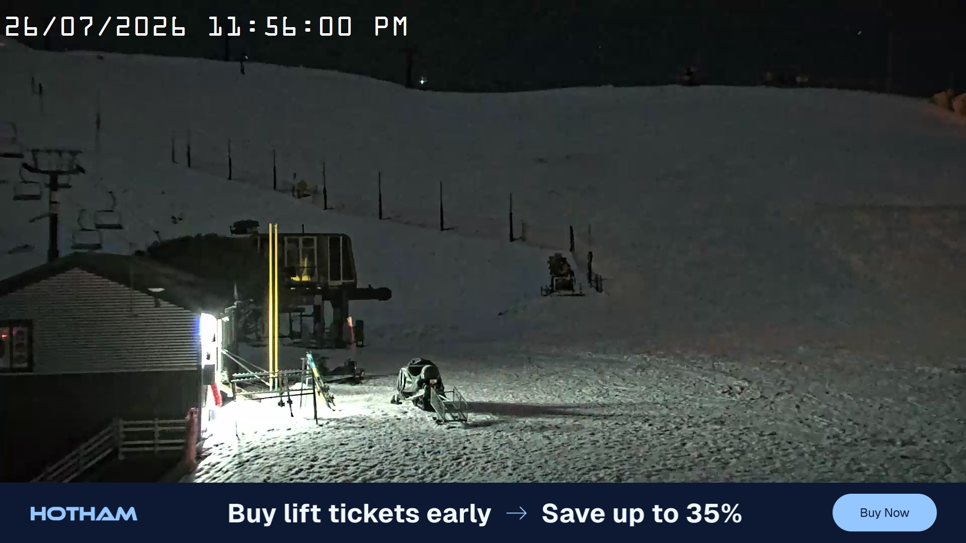 Mt Hotham Summit Trainer snow cam captured at 26 July 2026 at 11:57 pm AEST