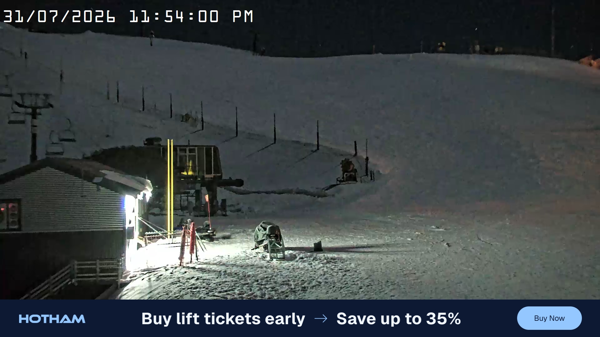 Mt Hotham Summit Trainer snow cam captured at 31 July 2026 at 11:54 pm AEST