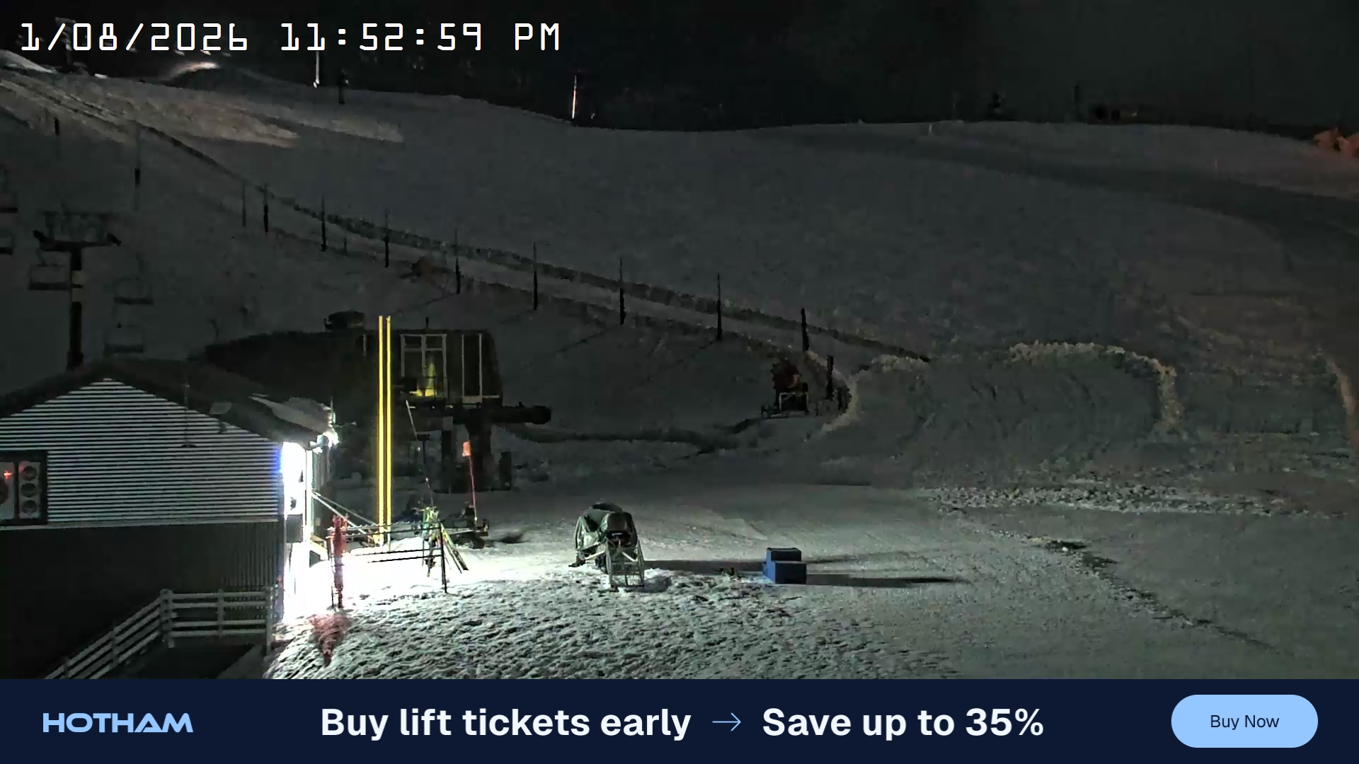 Mt Hotham Summit Trainer snow cam captured at 1 August 2026 at 11:53 pm AEST