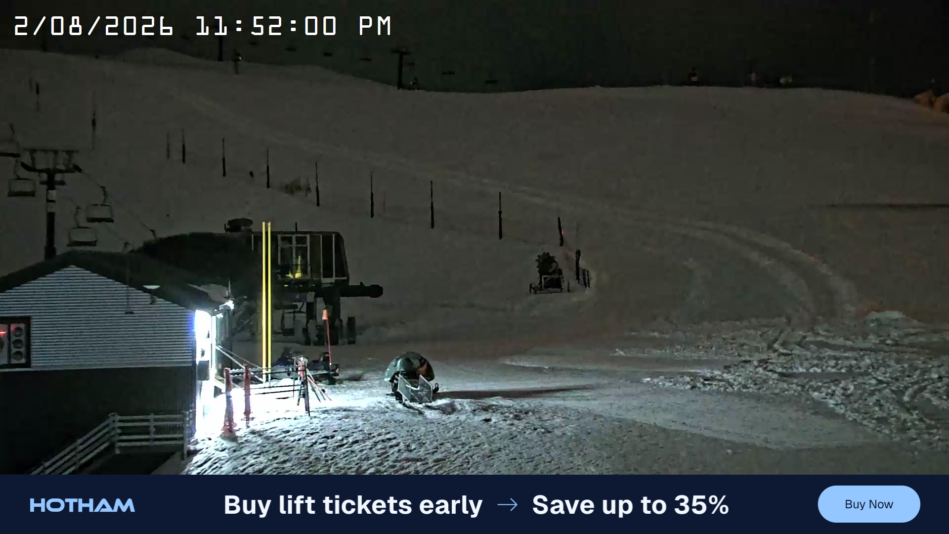 Mt Hotham Summit Trainer snow cam captured at 2 August 2026 at 11:52 pm AEST
