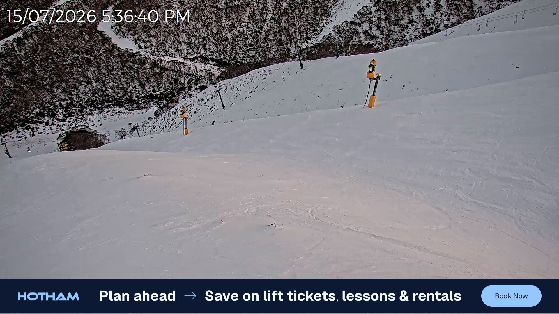 Mt Hotham Upper Imagine snow cam captured at 15 July 2026 at 5:40 pm AEST