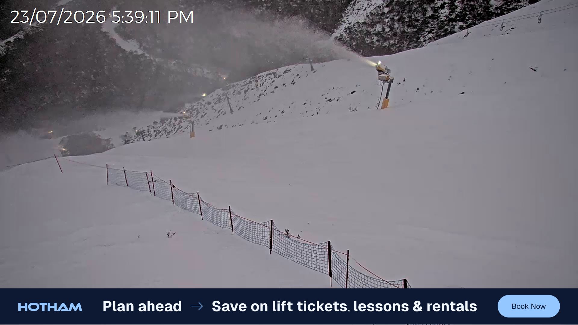 Mt Hotham Upper Imagine snow cam captured at 23 July 2026 at 5:49 pm AEST