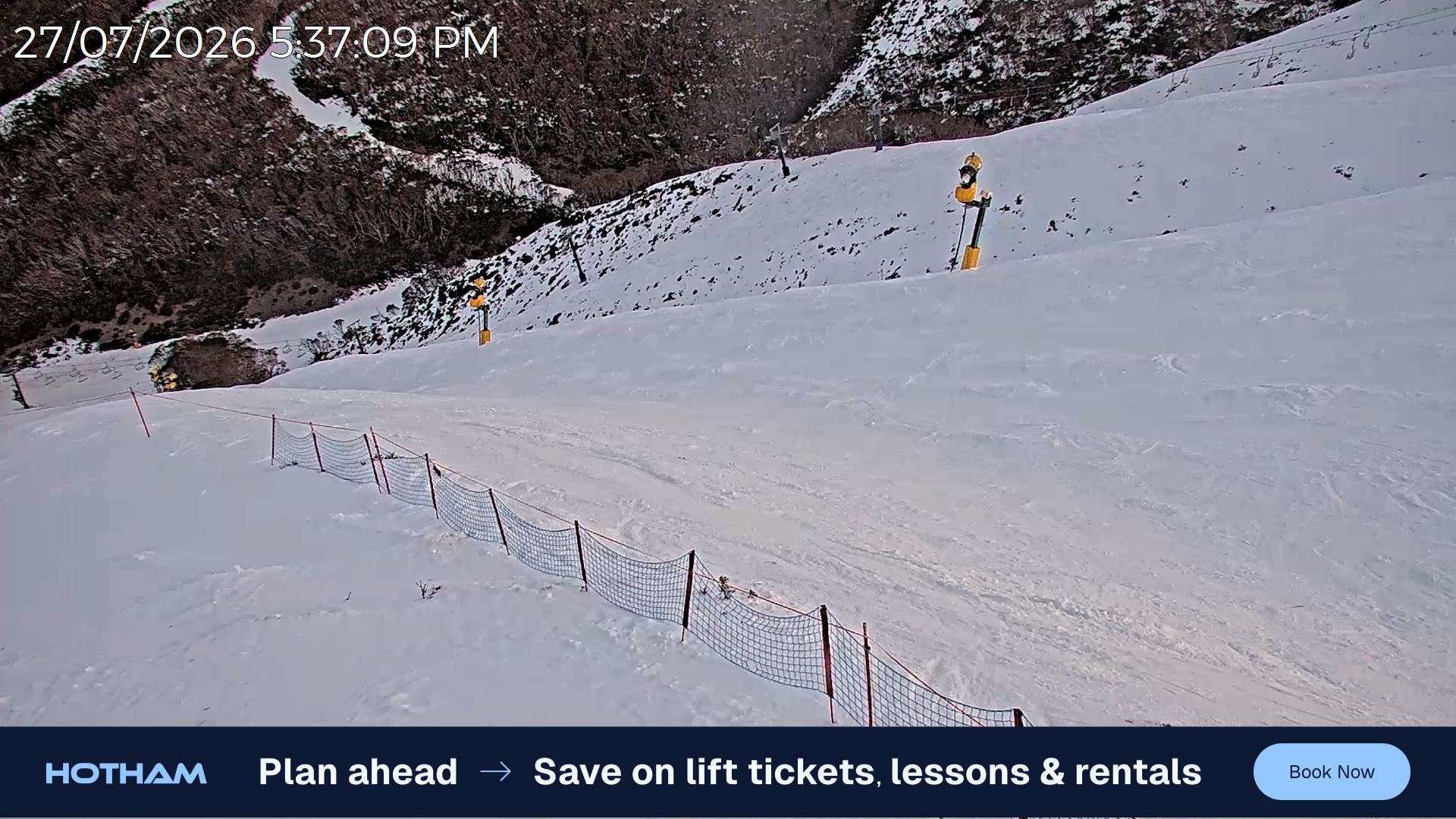 Mt Hotham Upper Imagine snow cam captured at 27 July 2026 at 5:44 pm AEST
