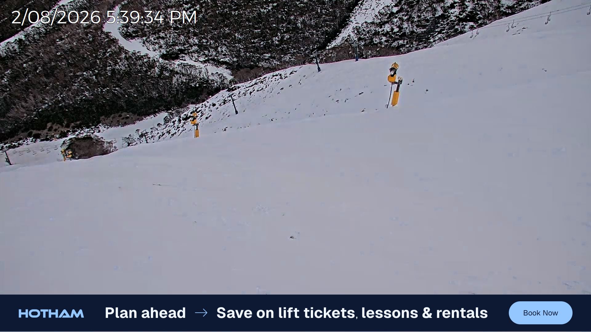 Mt Hotham Upper Imagine snow cam captured at 2 August 2026 at 5:49 pm AEST