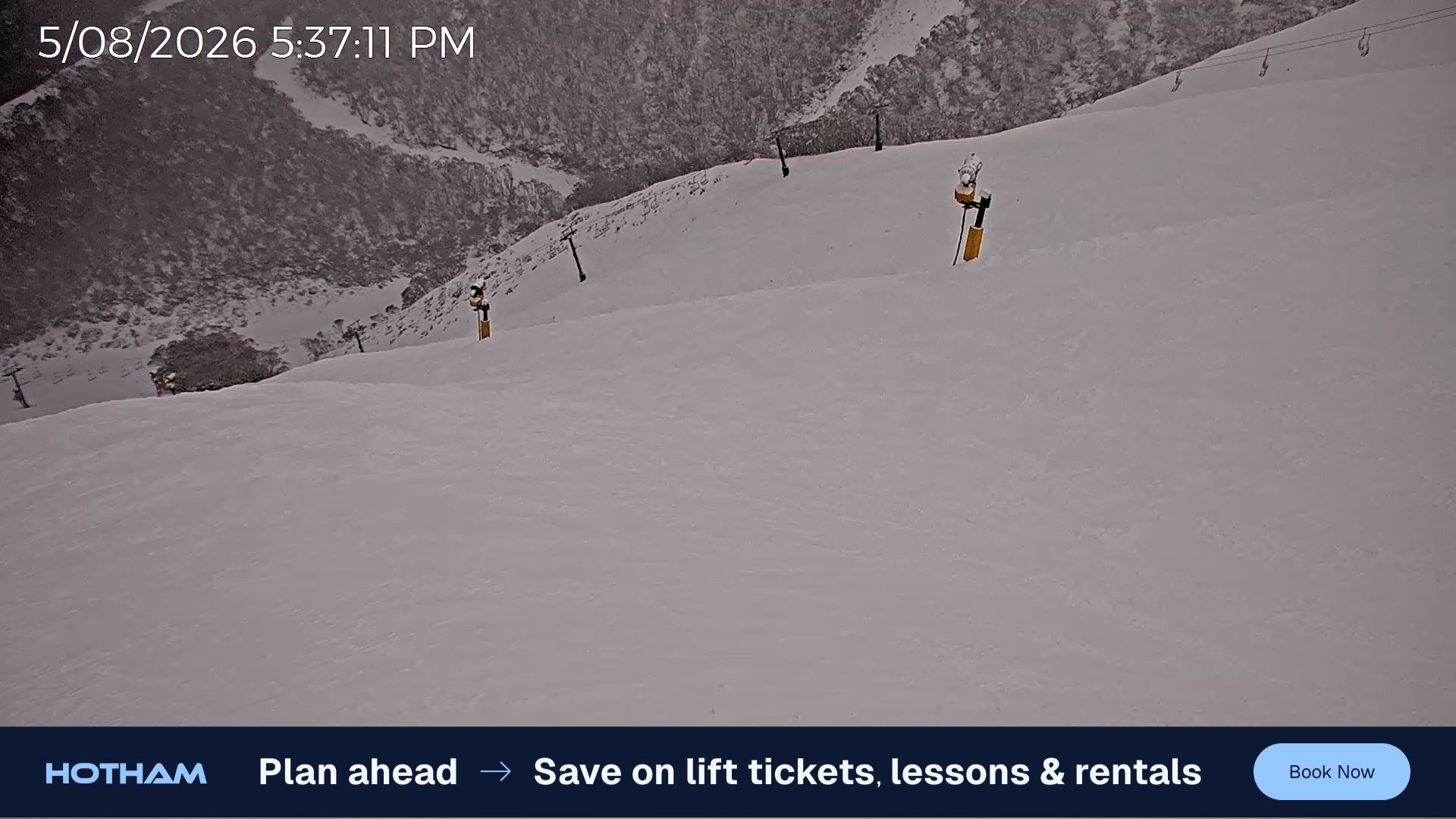 Mt Hotham Upper Imagine snow cam captured at 5 August 2026 at 5:41 pm AEST