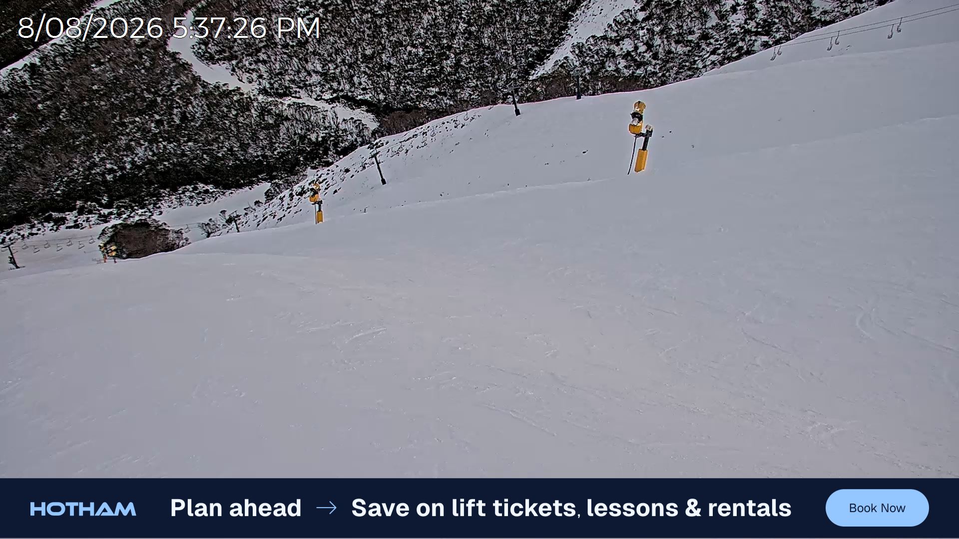 Mt Hotham Upper Imagine snow cam captured at 8 August 2026 at 5:41 pm AEST
