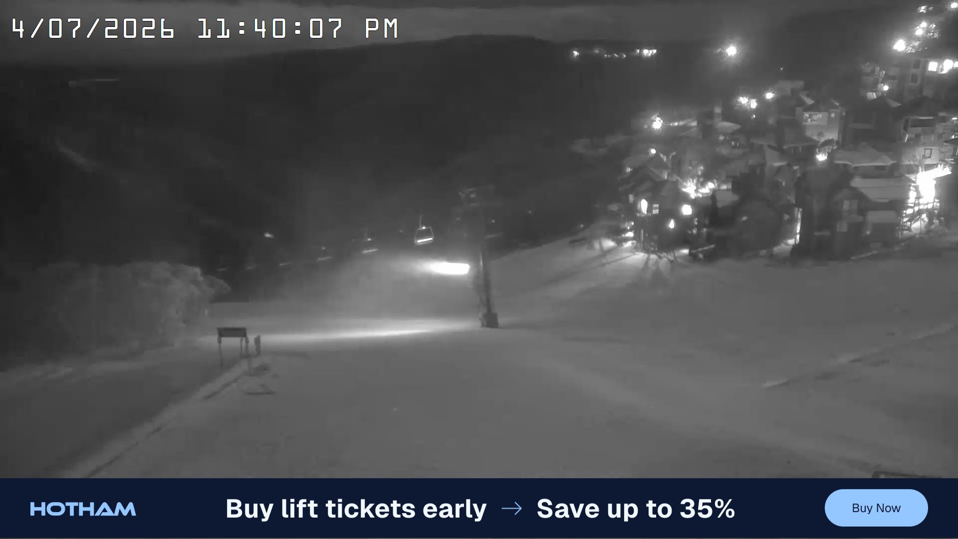 Mt Hotham Hotham Heights snow cam captured at 4 July 2026 at 11:43 pm AEST