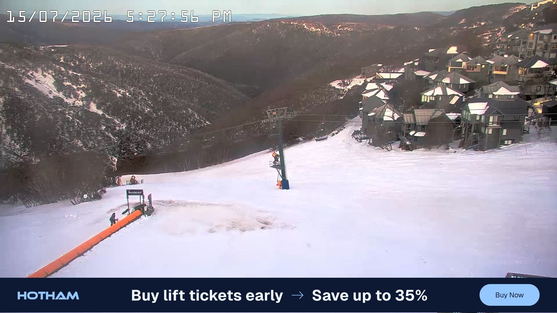 Mt Hotham Hotham Heights snow cam captured at 15 July 2026 at 5:29 pm AEST