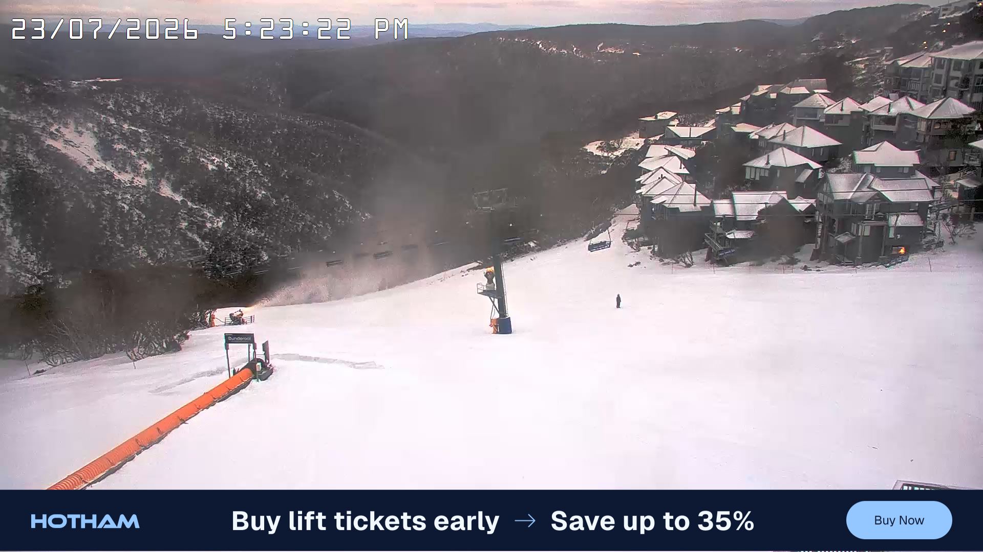 Mt Hotham Hotham Heights snow cam captured at 23 July 2026 at 5:28 pm AEST