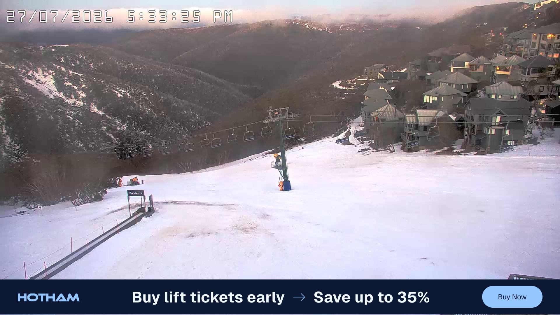 Mt Hotham Hotham Heights snow cam captured at 27 July 2026 at 5:44 pm AEST
