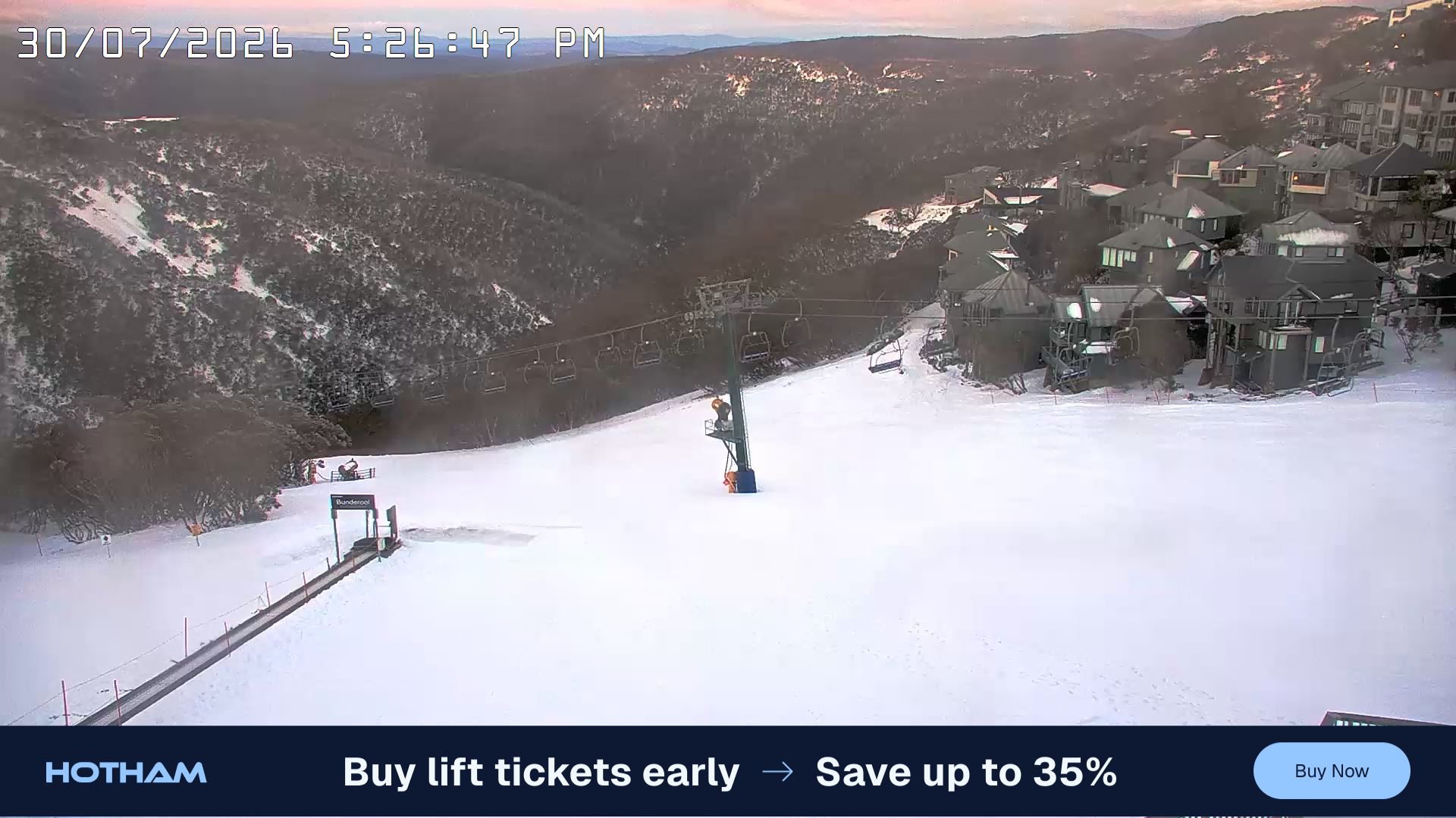 Mt Hotham Hotham Heights snow cam captured at 30 July 2026 at 5:35 pm AEST