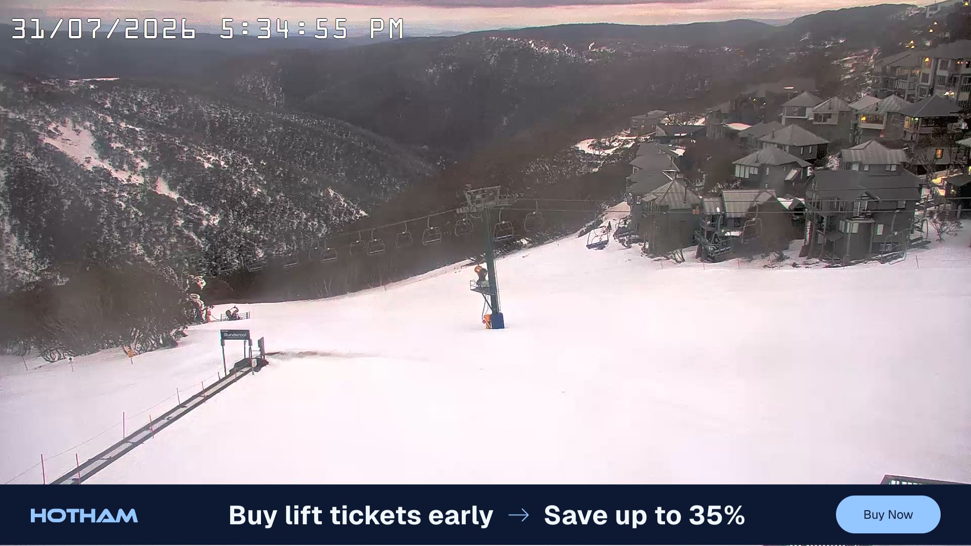 Mt Hotham Hotham Heights snow cam captured at 31 July 2026 at 5:36 pm AEST