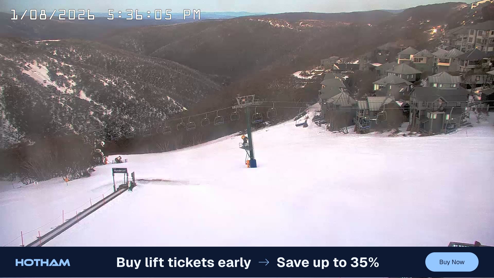 Mt Hotham Hotham Heights snow cam captured at 1 August 2026 at 5:41 pm AEST