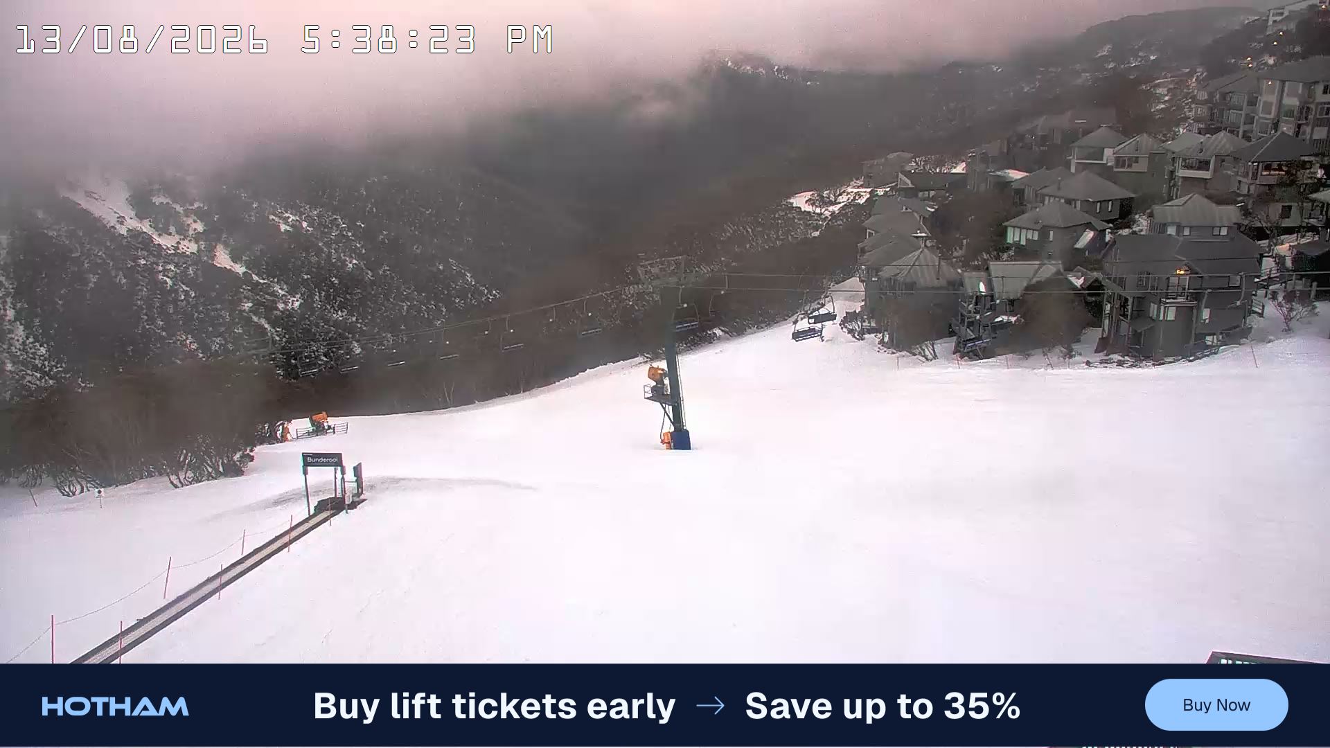 Mt Hotham Hotham Heights snow cam captured at 13 August 2026 at 5:40 pm AEST