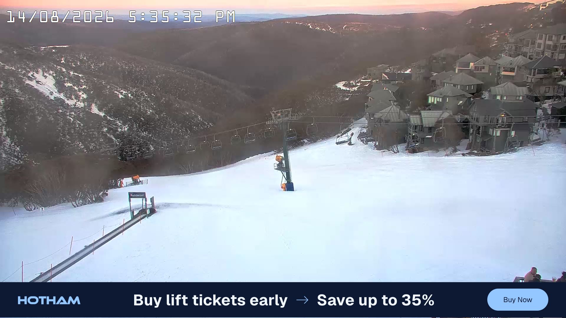 Mt Hotham Hotham Heights snow cam captured at 14 August 2026 at 5:41 pm AEST