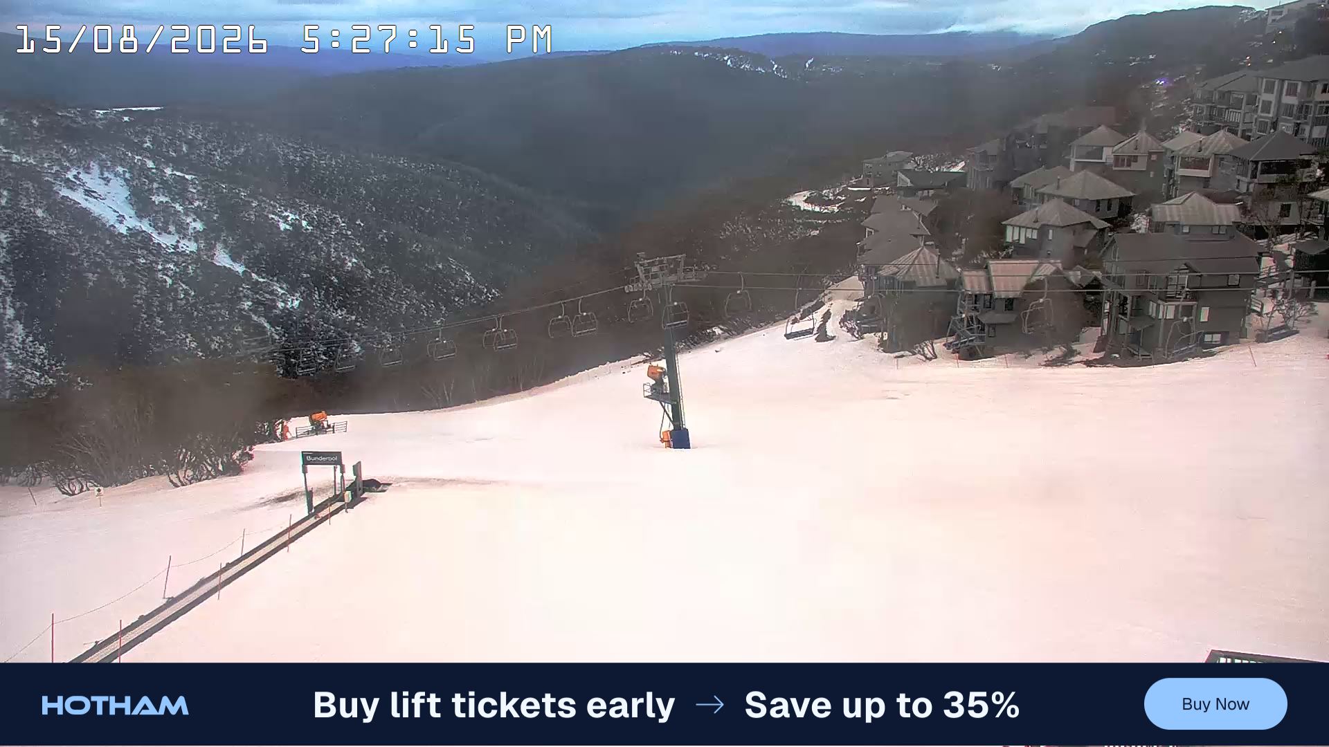 Mt Hotham Hotham Heights snow cam captured at 15 August 2026 at 5:31 pm AEST