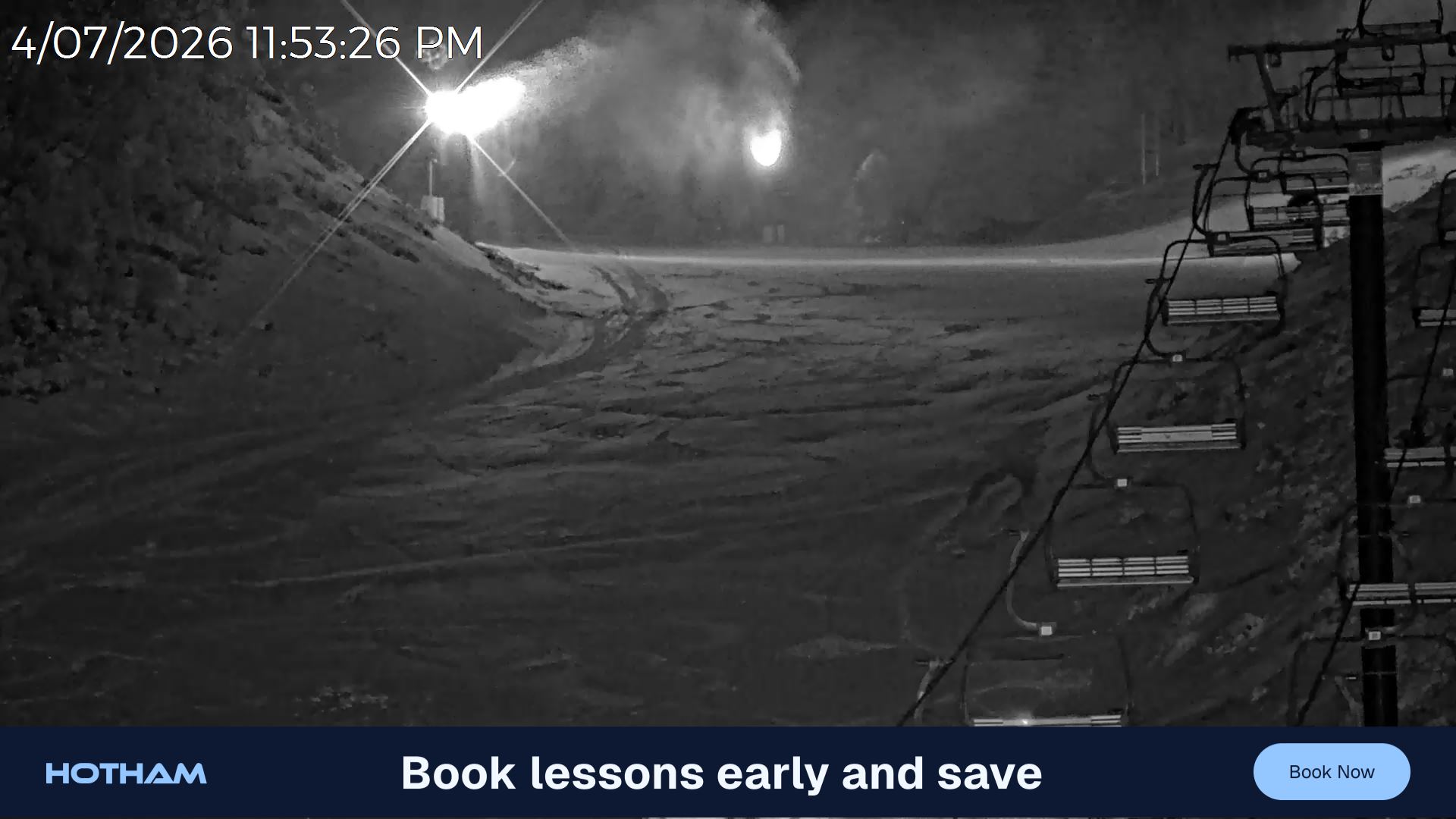 Mt Hotham Slalom Gully snow cam captured at 4 July 2026 at 11:54 pm AEST
