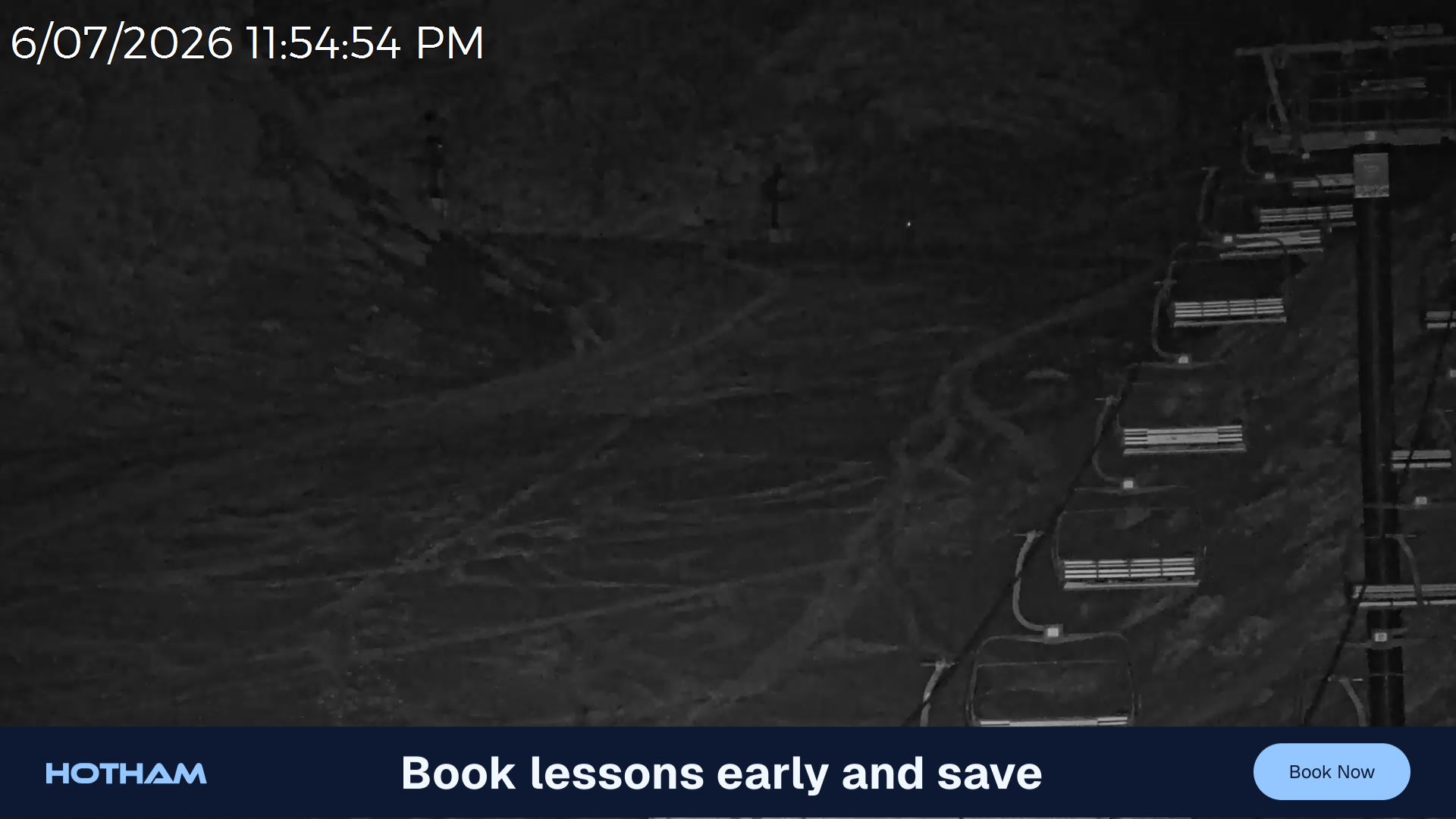 Mt Hotham Slalom Gully snow cam captured at 6 July 2026 at 11:56 pm AEST