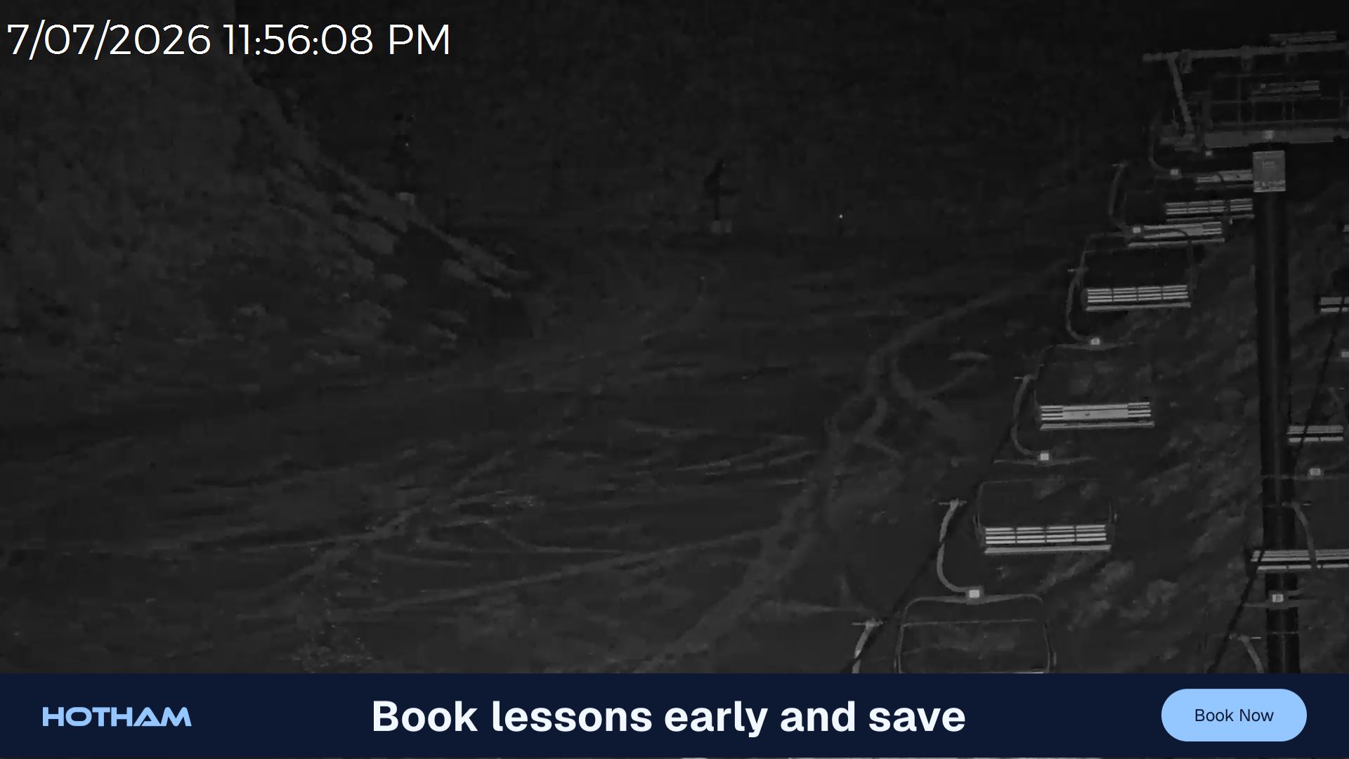 Mt Hotham Slalom Gully snow cam captured at 7 July 2026 at 11:57 pm AEST