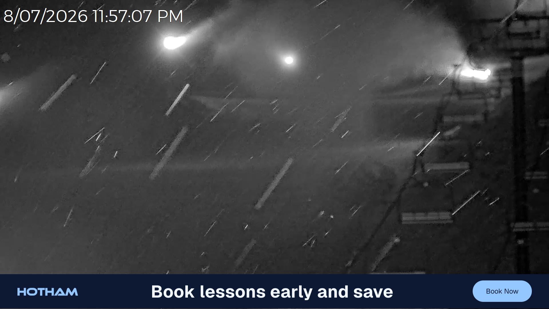 Mt Hotham Slalom Gully snow cam captured at 8 July 2026 at 11:58 pm AEST