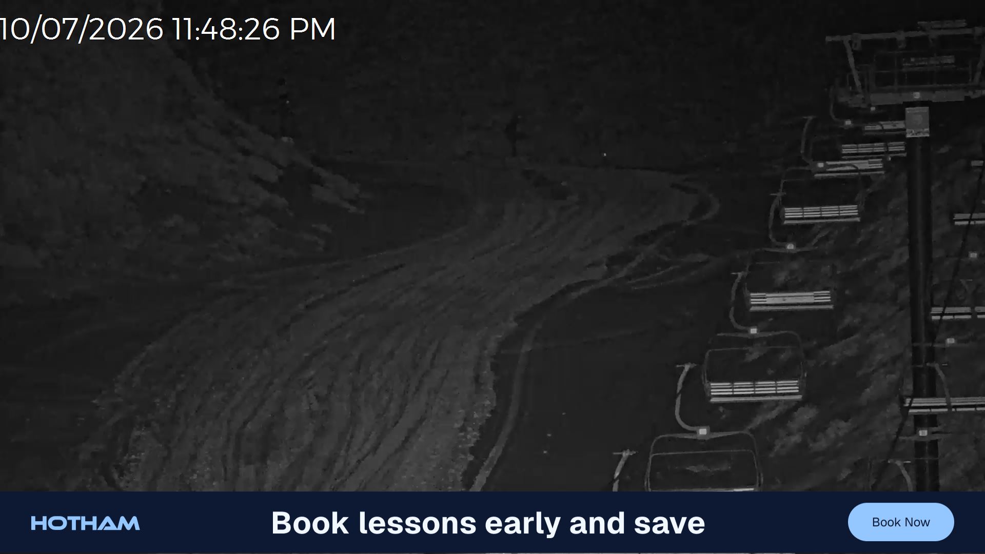 Mt Hotham Slalom Gully snow cam captured at 10 July 2026 at 11:49 pm AEST