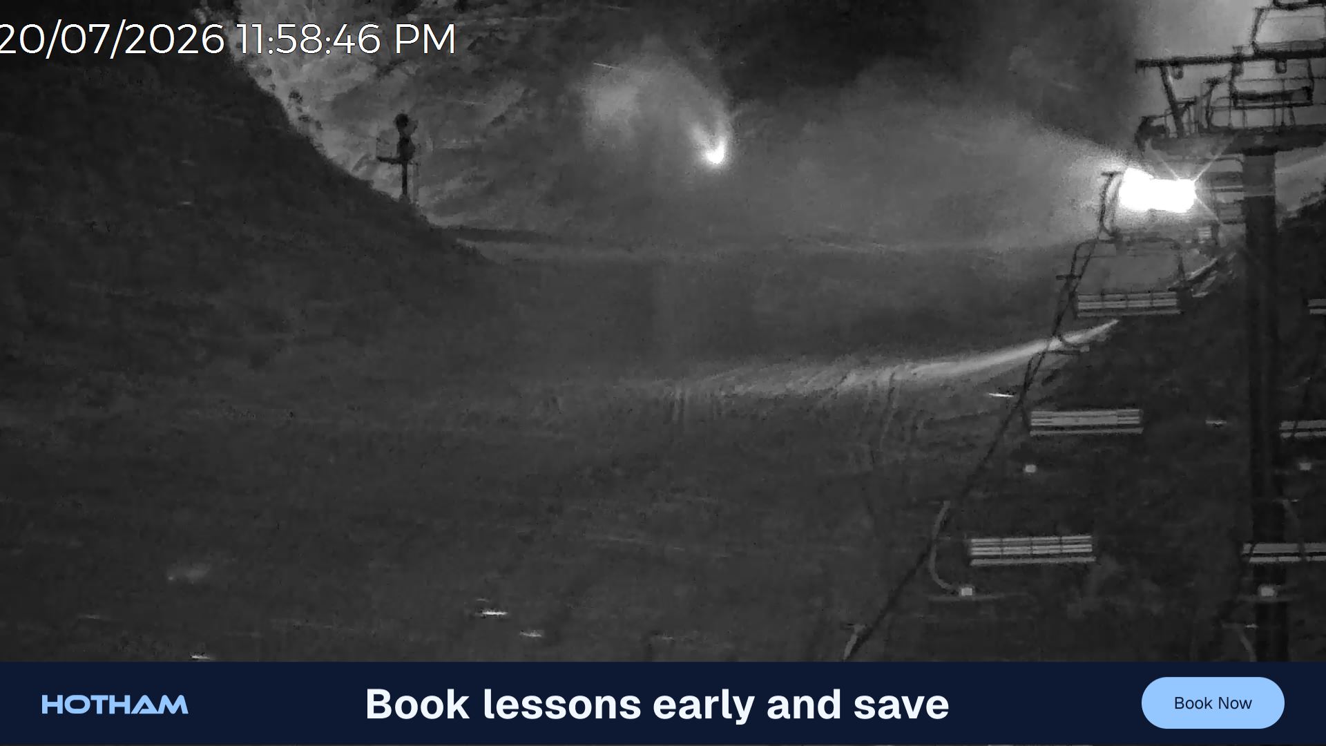 Mt Hotham Slalom Gully snow cam captured at 20 July 2026 at 11:59 pm AEST