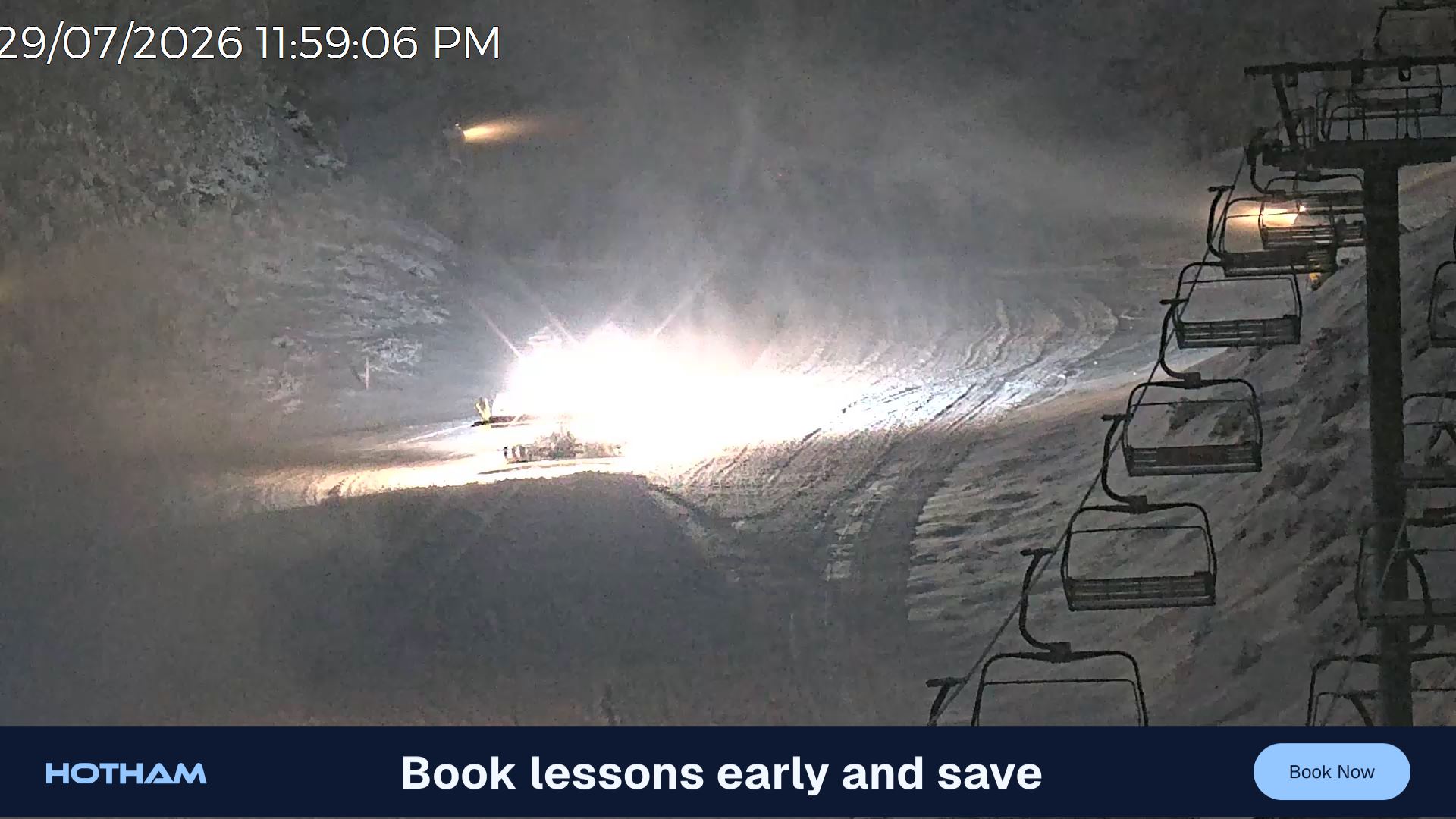 Mt Hotham Slalom Gully snow cam captured at 29 July 2026 at 11:59 pm AEST