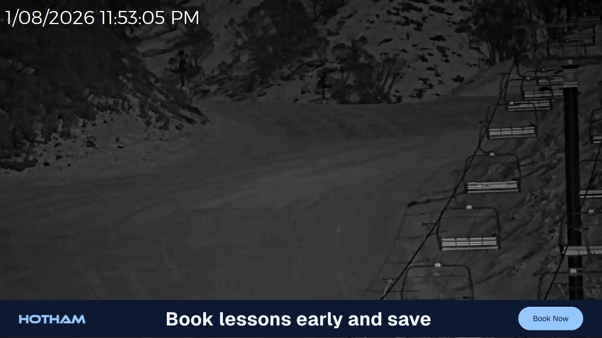 Mt Hotham Slalom Gully snow cam captured at 1 August 2026 at 11:53 pm AEST