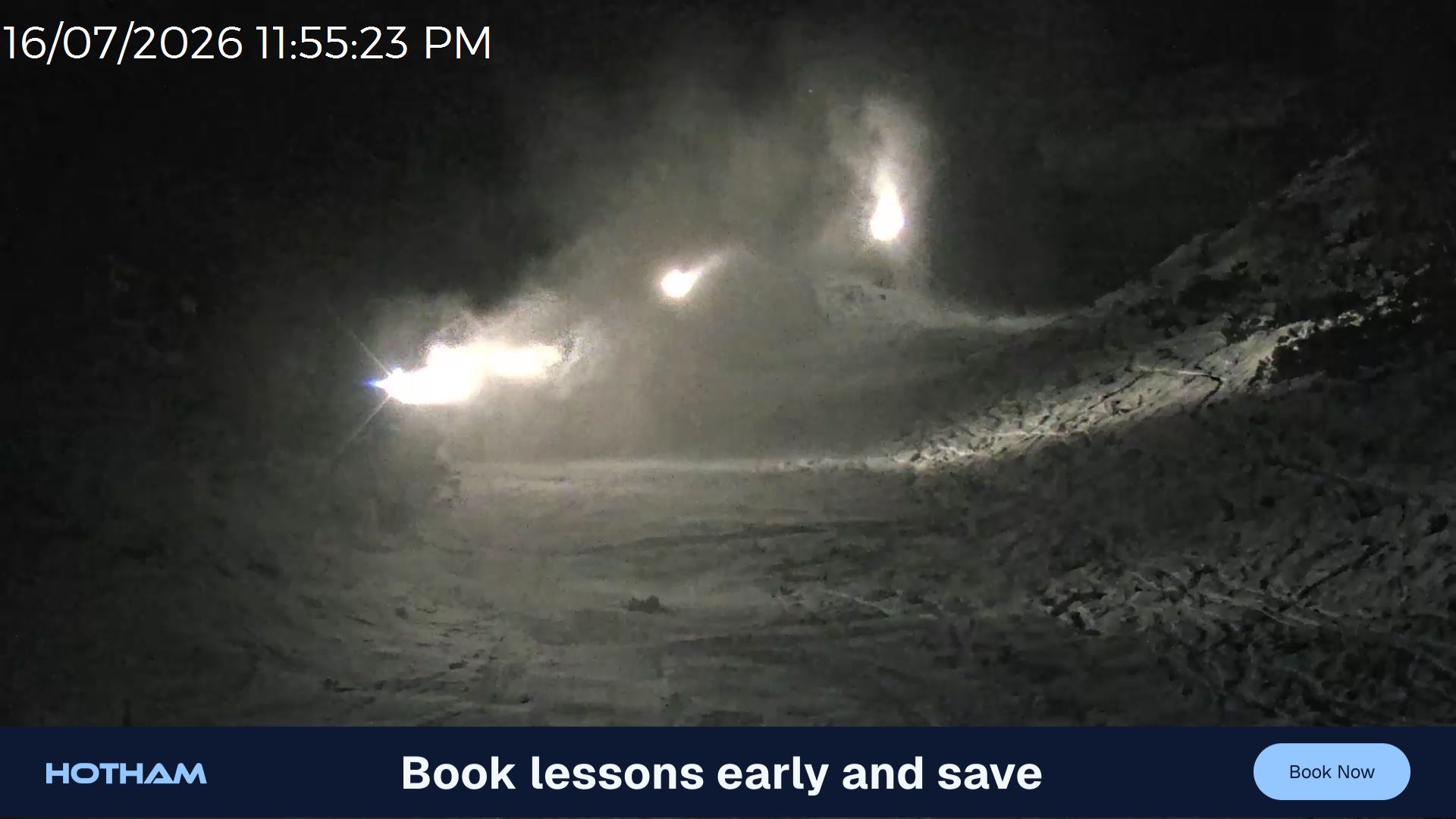 Mt Hotham Snake Gully snow cam captured at 16 July 2026 at 11:55 pm AEST