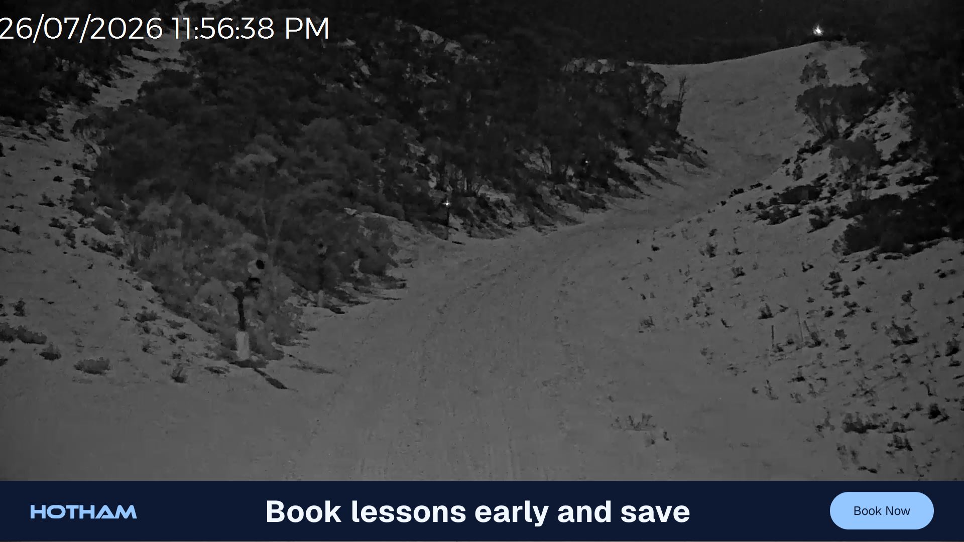 Mt Hotham Snake Gully snow cam captured at 26 July 2026 at 11:57 pm AEST
