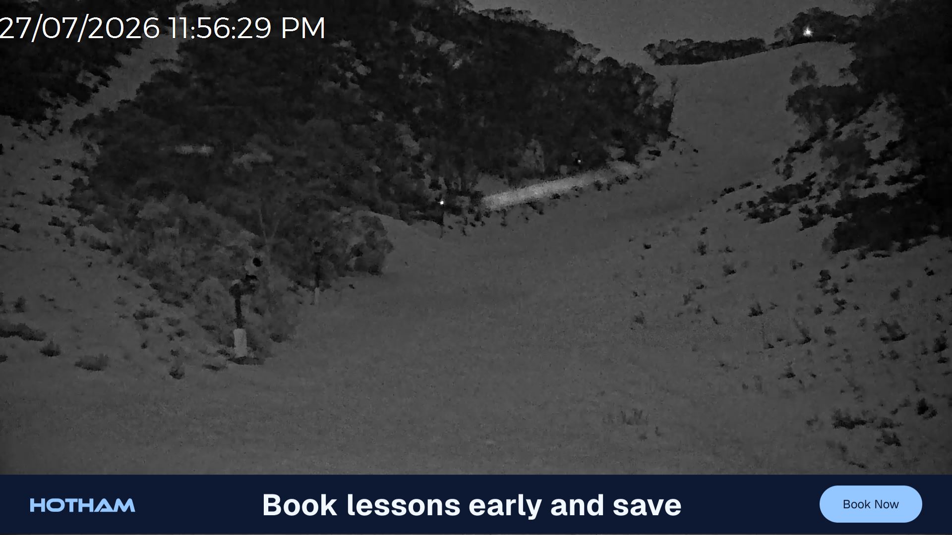 Mt Hotham Snake Gully snow cam captured at 27 July 2026 at 11:58 pm AEST