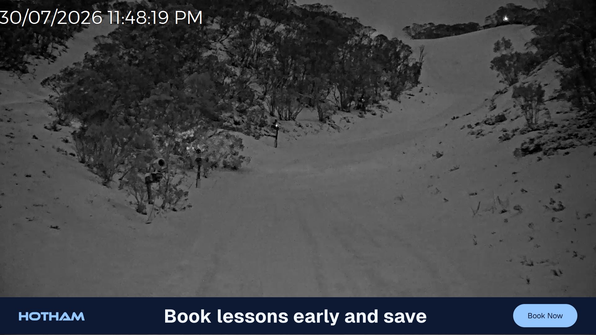 Mt Hotham Snake Gully snow cam captured at 30 July 2026 at 11:49 pm AEST