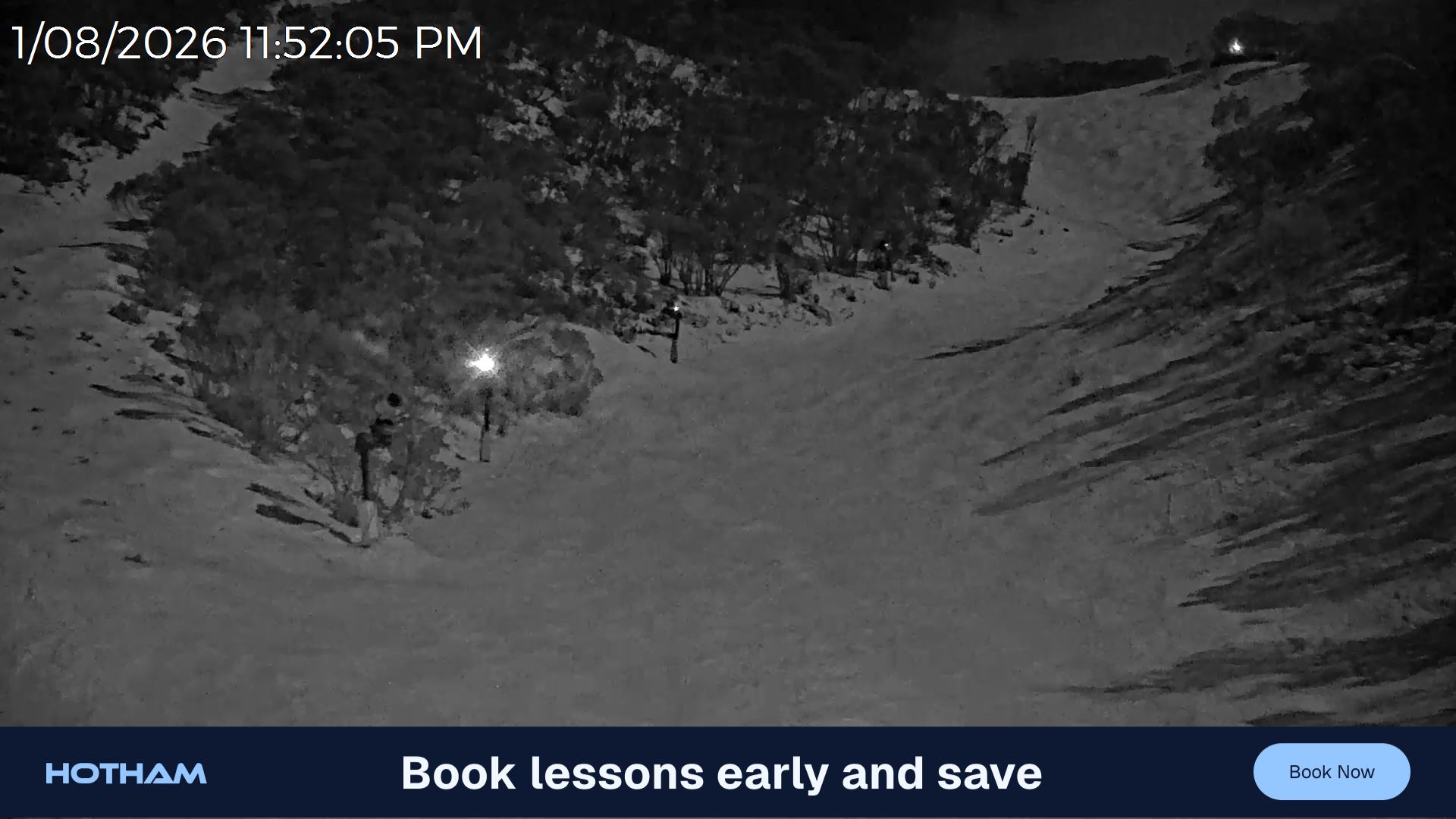 Mt Hotham Snake Gully snow cam captured at 1 August 2026 at 11:53 pm AEST