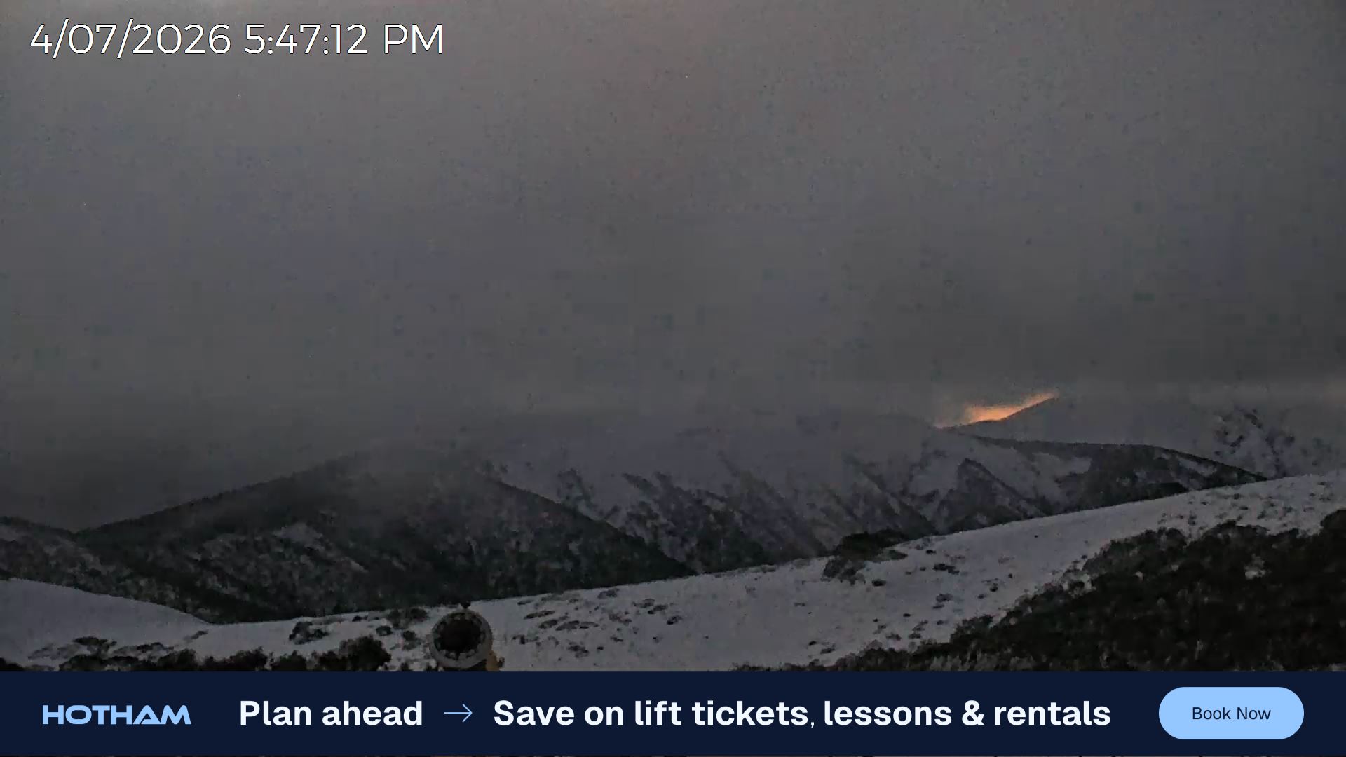 Mt Hotham Razorback snow cam captured at 4 July 2026 at 5:51 pm AEST