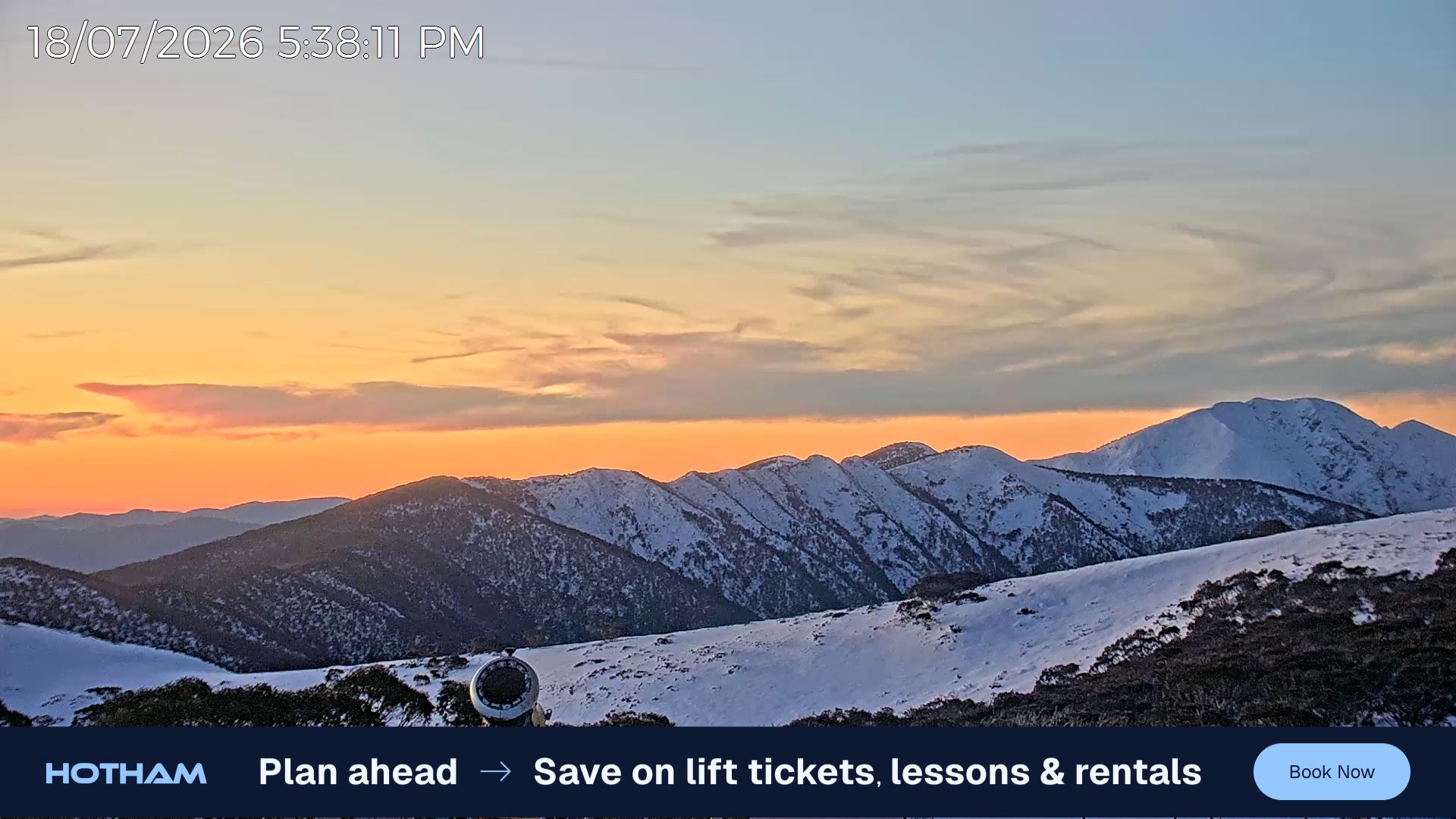 Mt Hotham Razorback snow cam captured at 18 July 2026 at 5:43 pm AEST