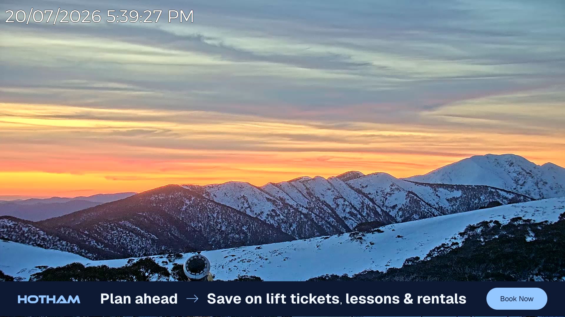 Mt Hotham Razorback snow cam captured at 20 July 2026 at 5:45 pm AEST